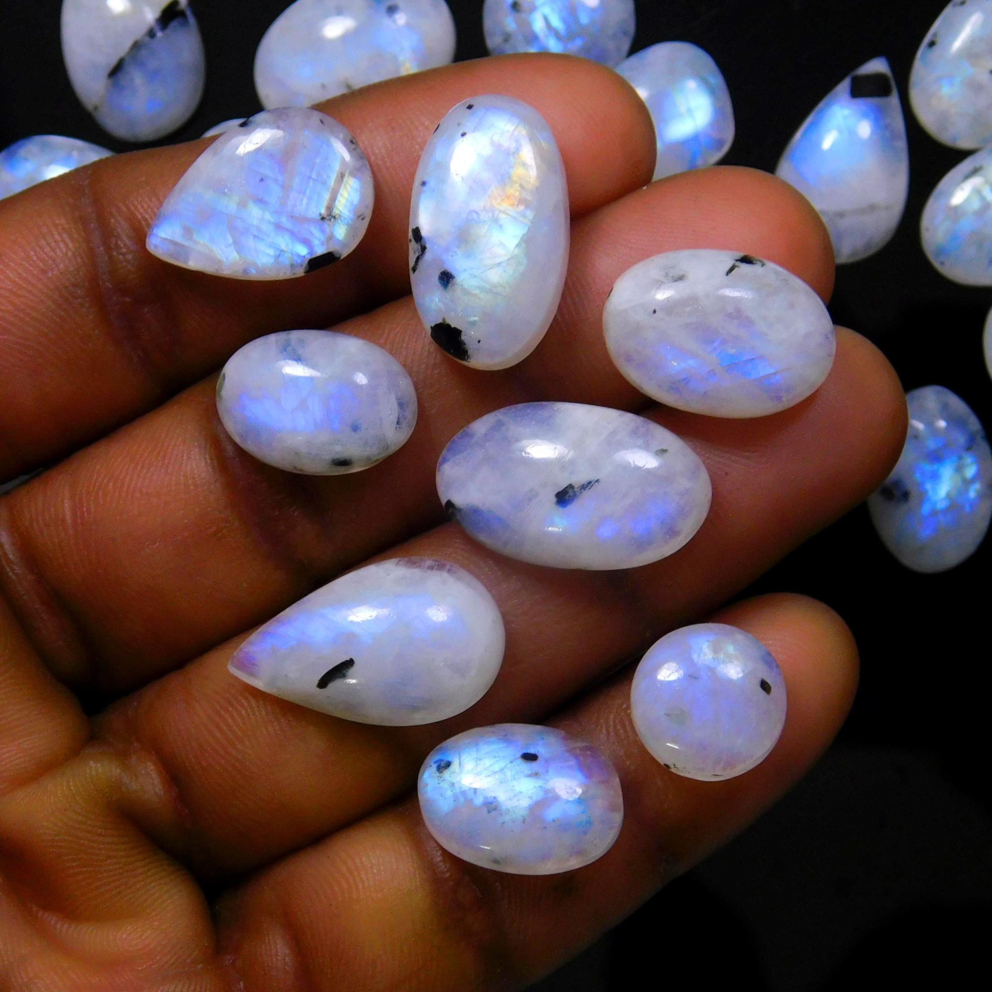 32 Pcs 222 Cts Natural Rainbow Moonstone Gemstone Cabochon Lot 9x9-18x10mm13954