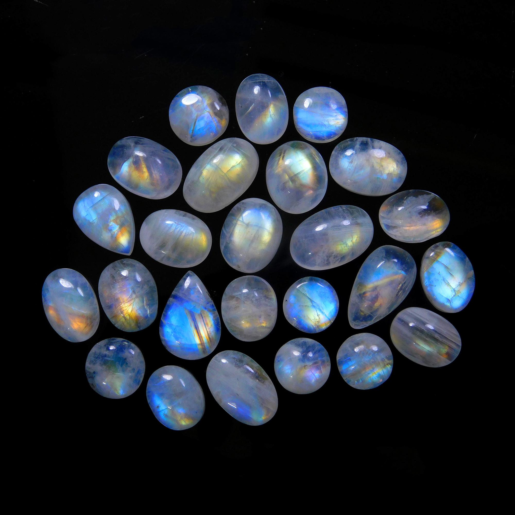 25 Pcs 160 Cts Natural Rainbow Moonstone Gemstone Cabochon Lot 9x9-16x10mm13956