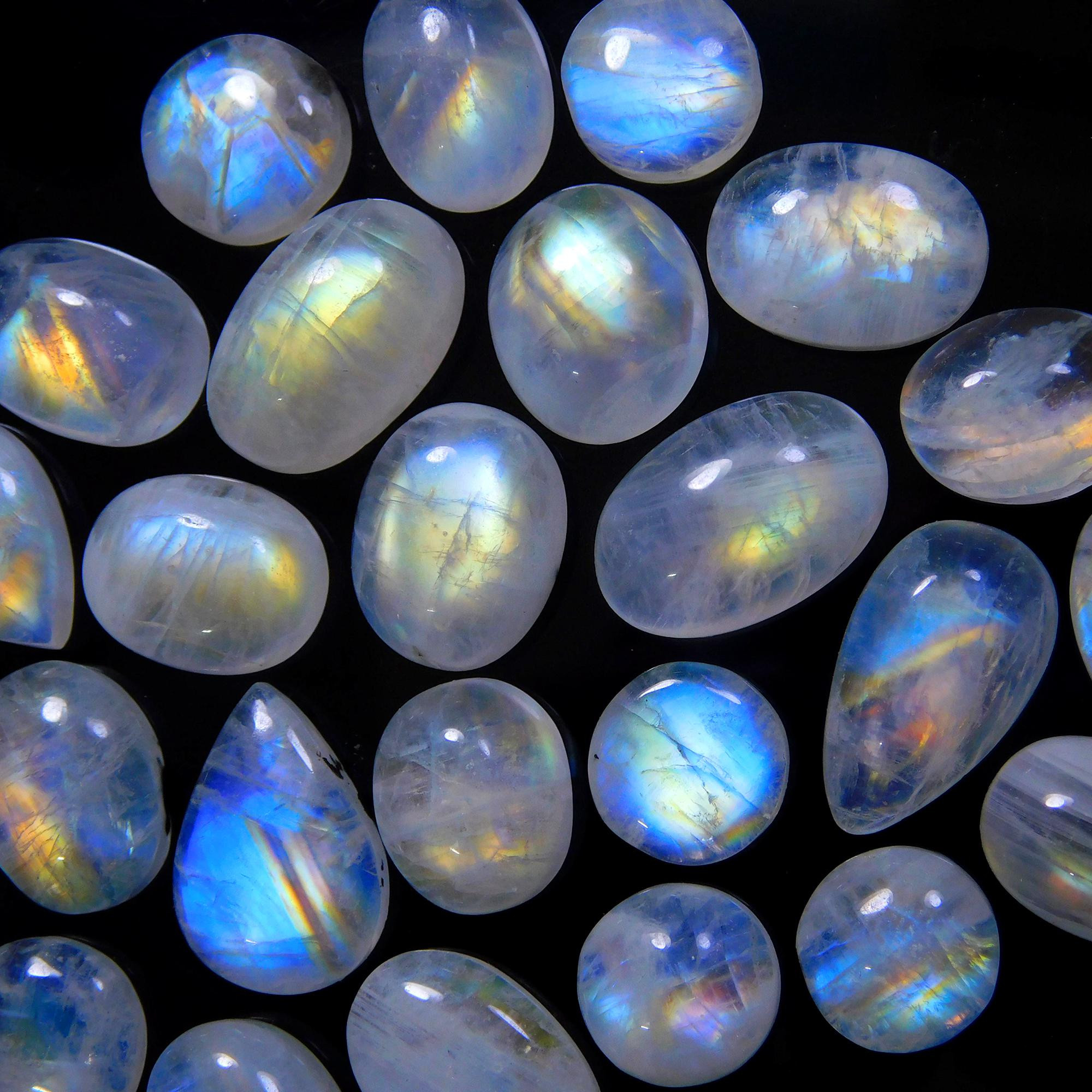 25 Pcs 160 Cts Natural Rainbow Moonstone Gemstone Cabochon Lot 9x9-16x10mm13956