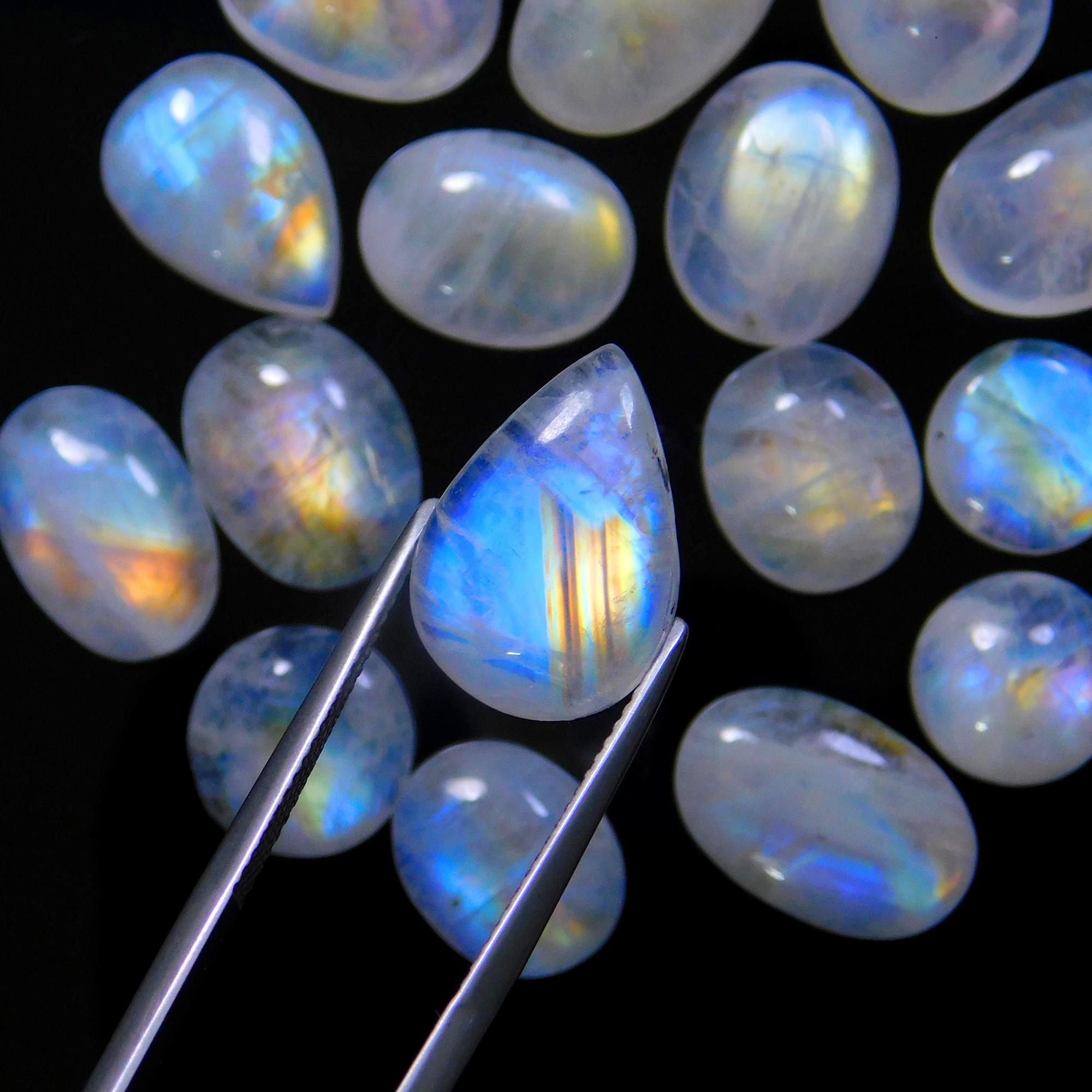 25 Pcs 160 Cts Natural Rainbow Moonstone Gemstone Cabochon Lot 9x9-16x10mm13956