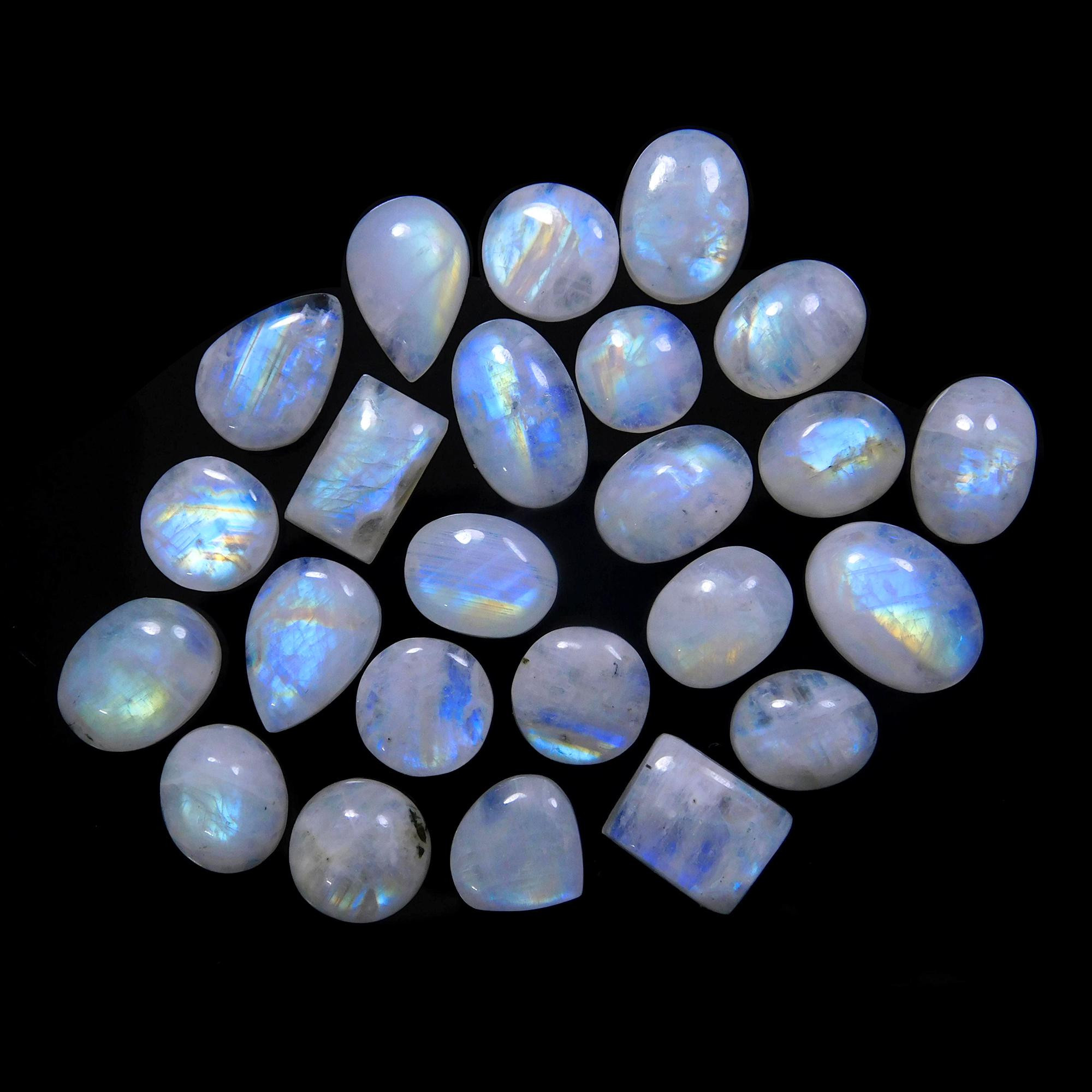 24 Pcs 153 Cts Natural Rainbow Moonstone Gemstone Cabochon Lot 9x9x-15x11mm13958