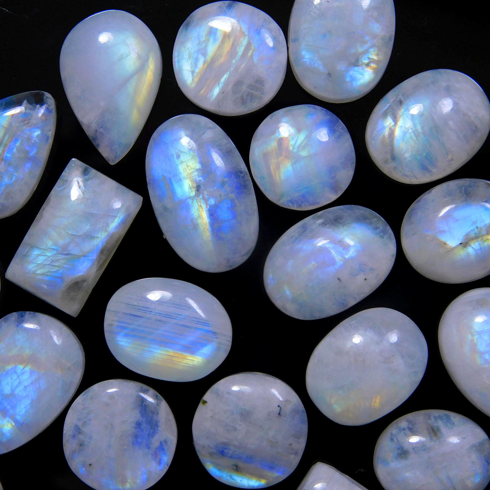 24 Pcs 153 Cts Natural Rainbow Moonstone Gemstone Cabochon Lot 9x9x-15x11mm13958