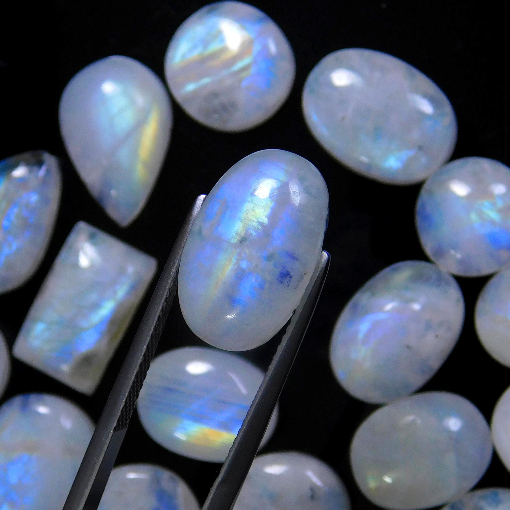 24 Pcs 153 Cts Natural Rainbow Moonstone Gemstone Cabochon Lot 9x9x-15x11mm13958