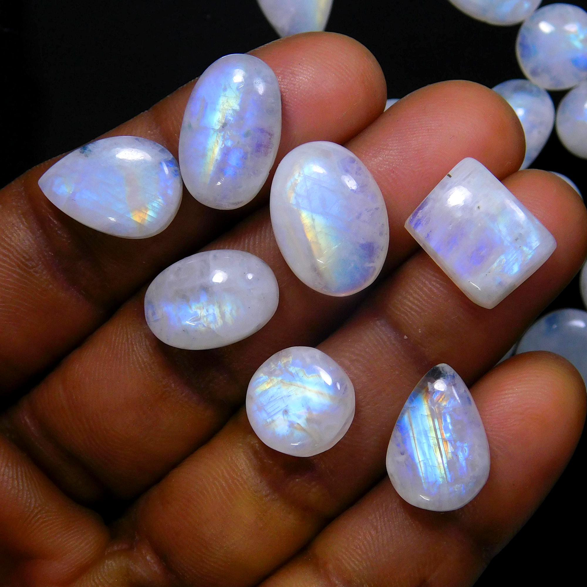24 Pcs 153 Cts Natural Rainbow Moonstone Gemstone Cabochon Lot 9x9x-15x11mm13958