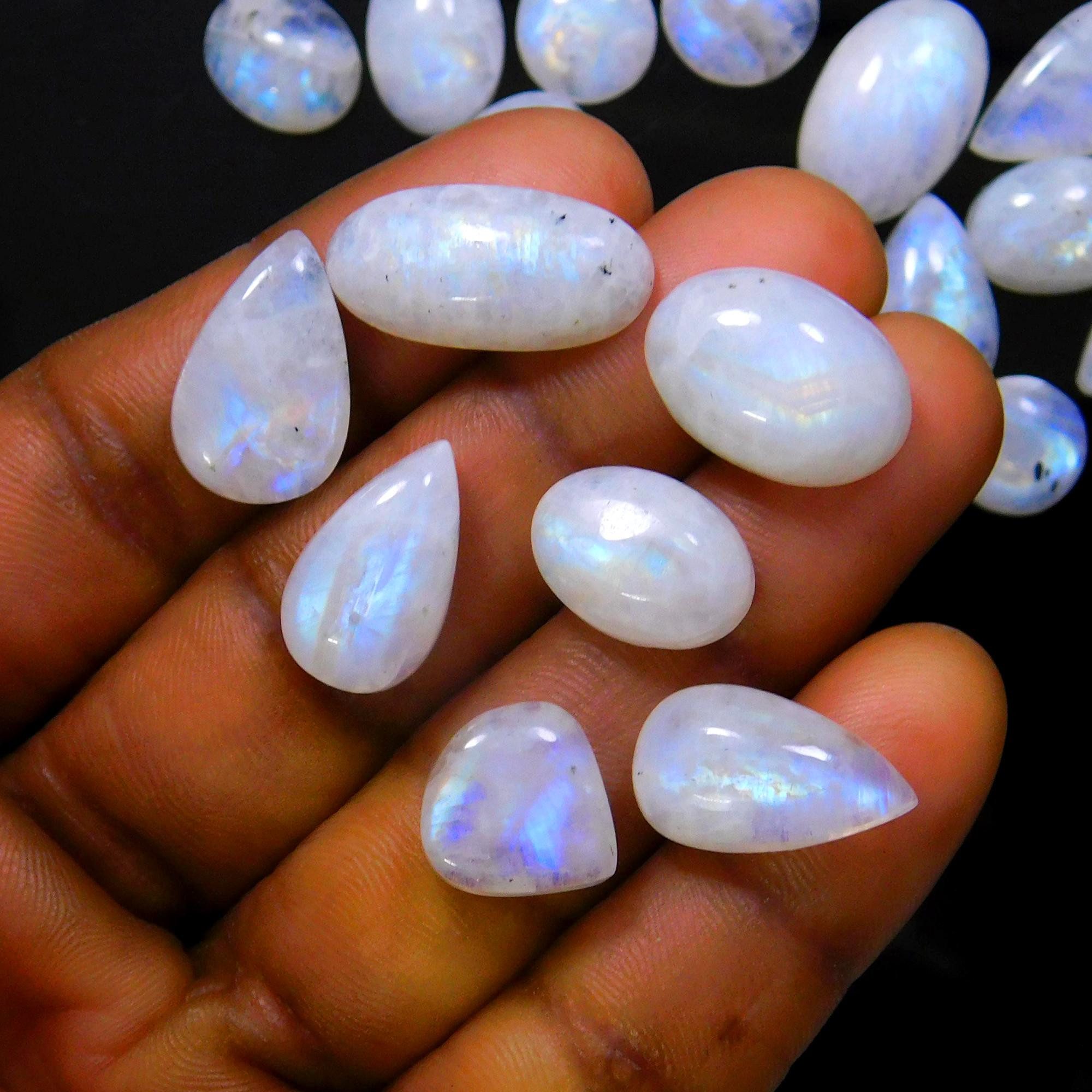 27 Pcs 178 Cts Natural Rainbow Moonstone Gemstone Cabochon Lot 9x9-20x9mm13959