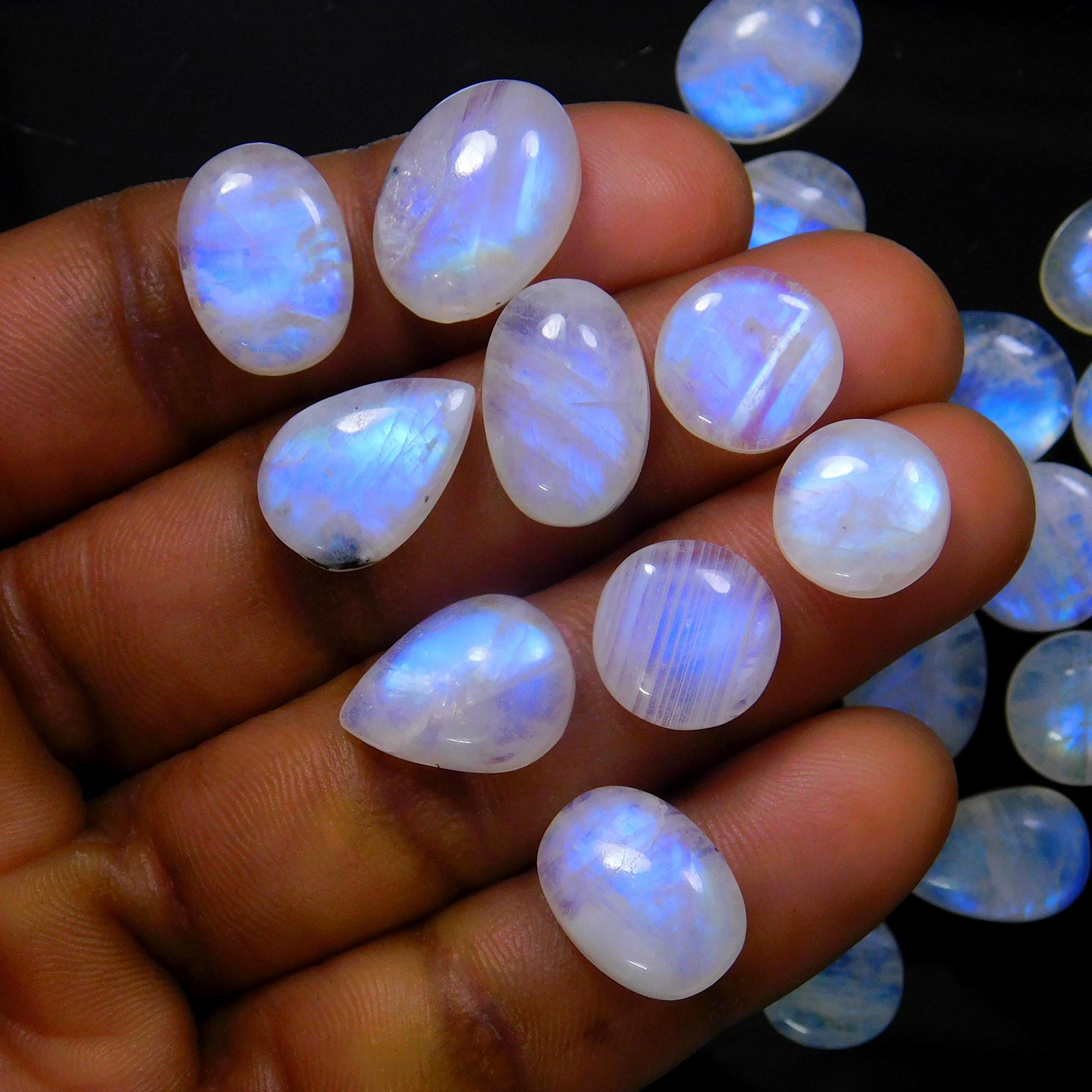 28 Pcs 164 Cts Natural Rainbow Moonstone Gemstone Cabochon Lot 10x10-16x10mm13960