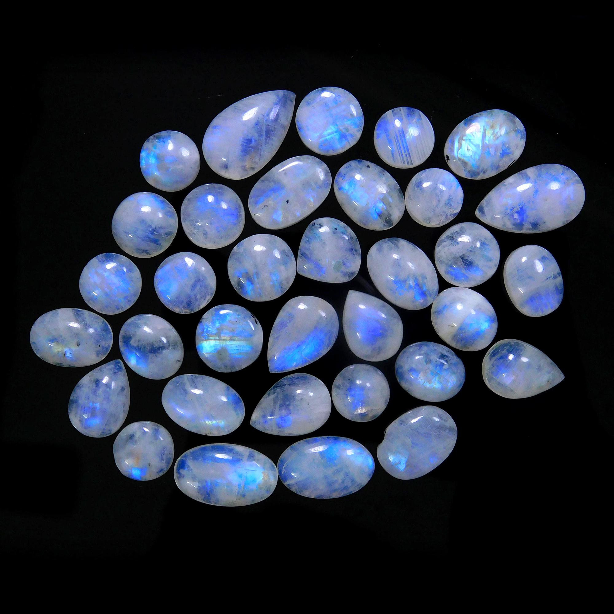 34 Pcs 198 Cts Natural Rainbow Moonstone Gemstone Cabochon Lot 9x9-18x10mmR-13962