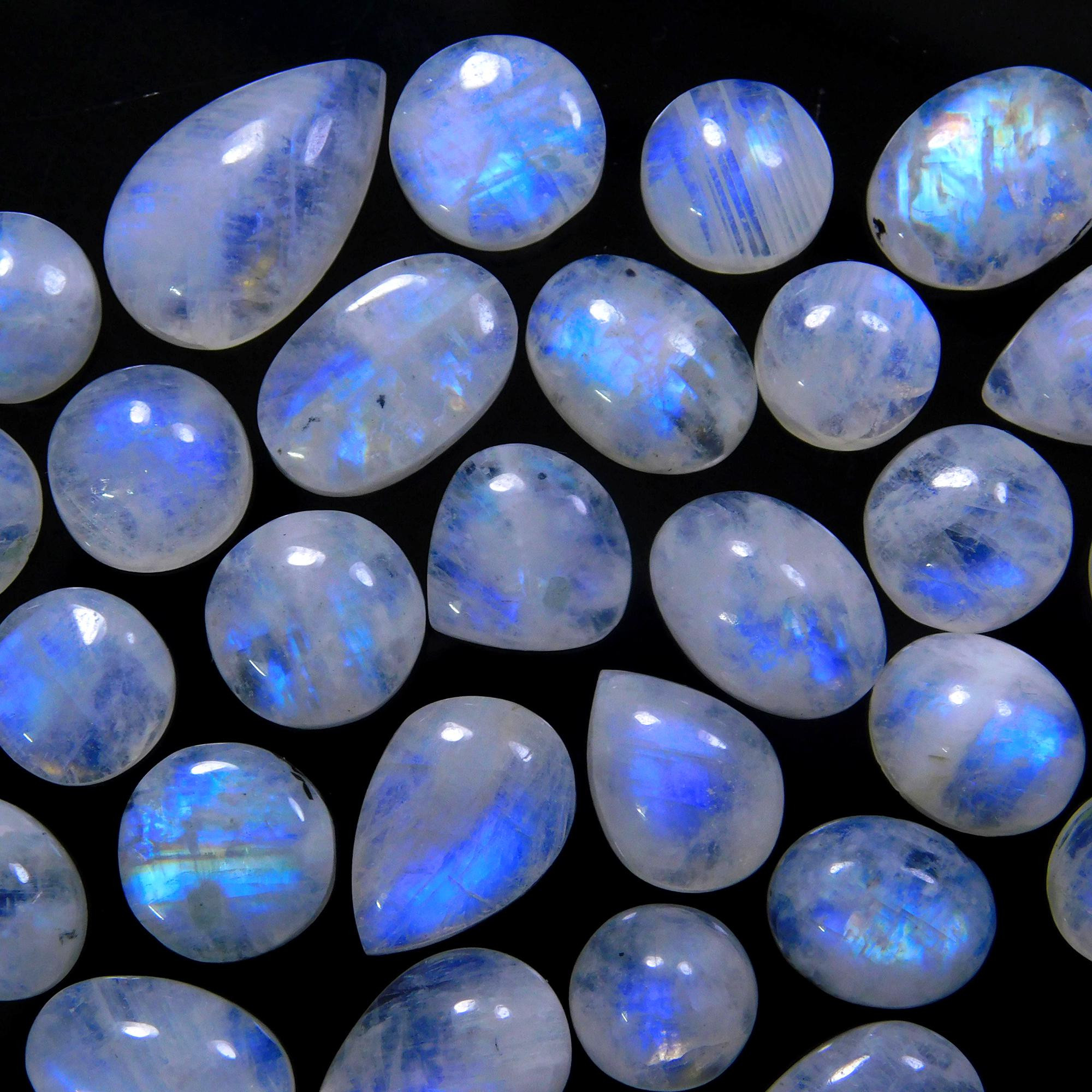 34 Pcs 198 Cts Natural Rainbow Moonstone Gemstone Cabochon Lot 9x9-18x10mmR-13962