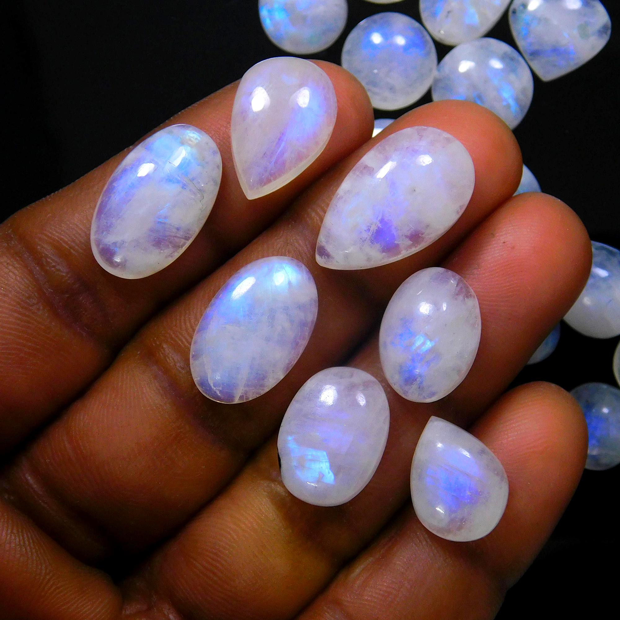 34 Pcs 198 Cts Natural Rainbow Moonstone Gemstone Cabochon Lot 9x9-18x10mm13962