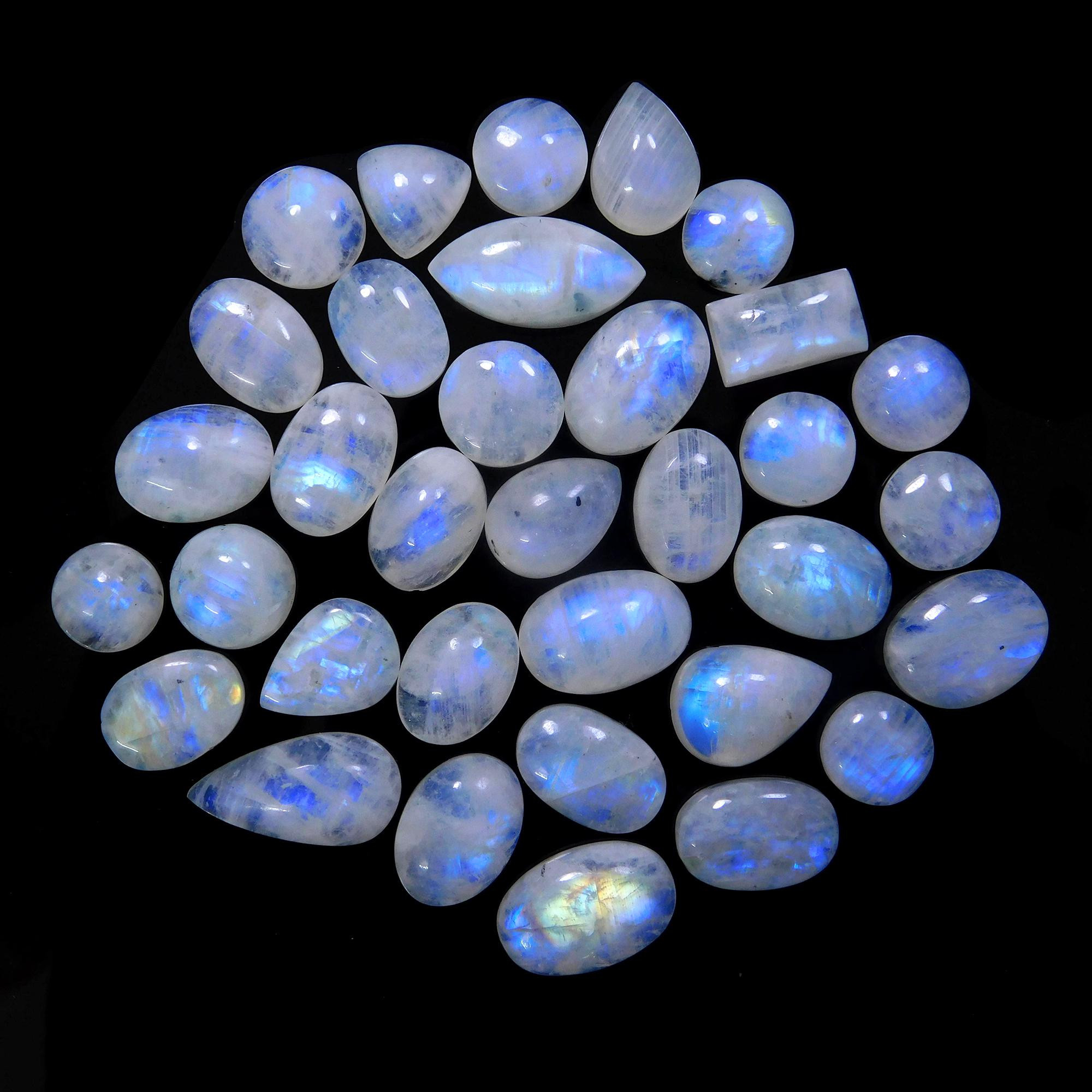 34 Pcs 218 Cts Natural Rainbow Moonstone Gemstone Cabochon Lot 9x9-19x9mm13963