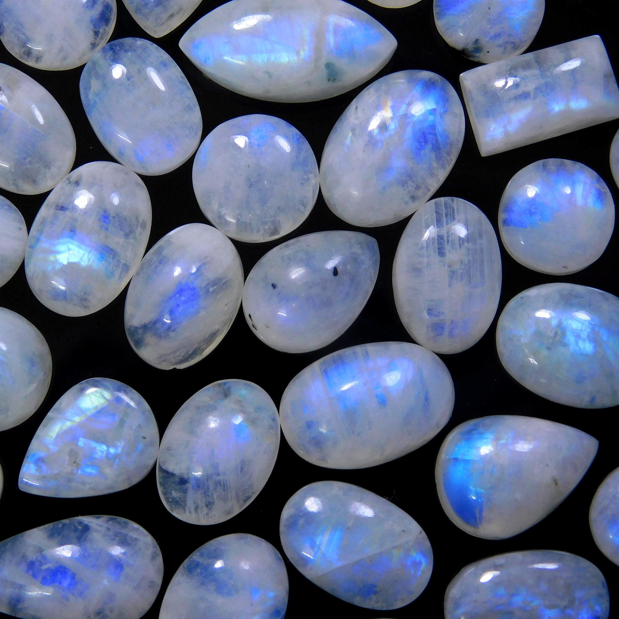 34 Pcs 218 Cts Natural Rainbow Moonstone Gemstone Cabochon Lot 9x9-19x9mm13963