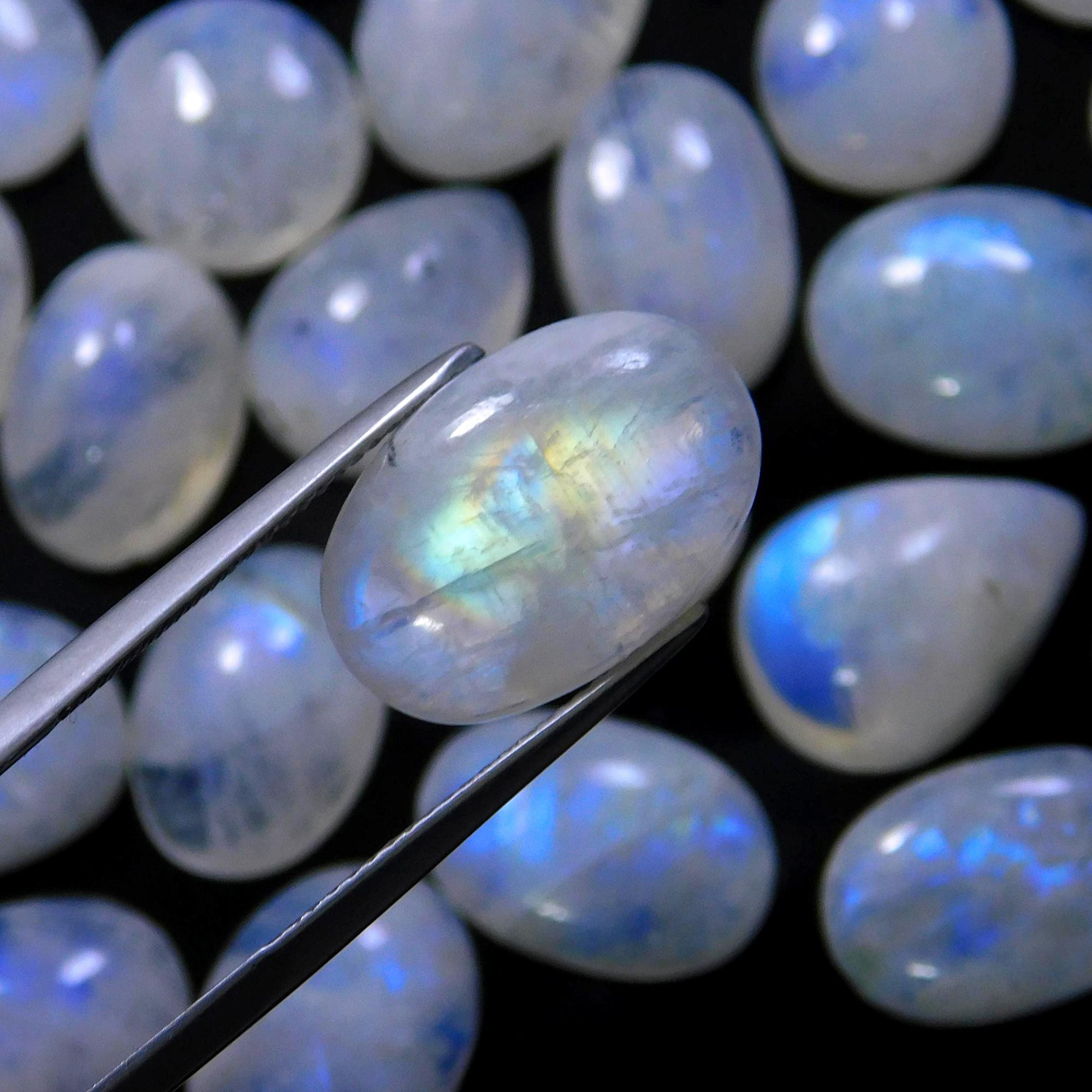 34 Pcs 218 Cts Natural Rainbow Moonstone Gemstone Cabochon Lot 9x9-19x9mm13963