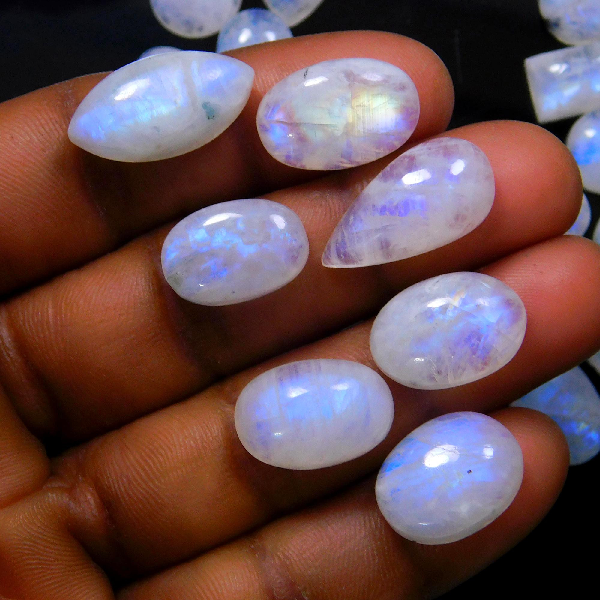 34 Pcs 218 Cts Natural Rainbow Moonstone Gemstone Cabochon Lot 9x9-19x9mmR-13963