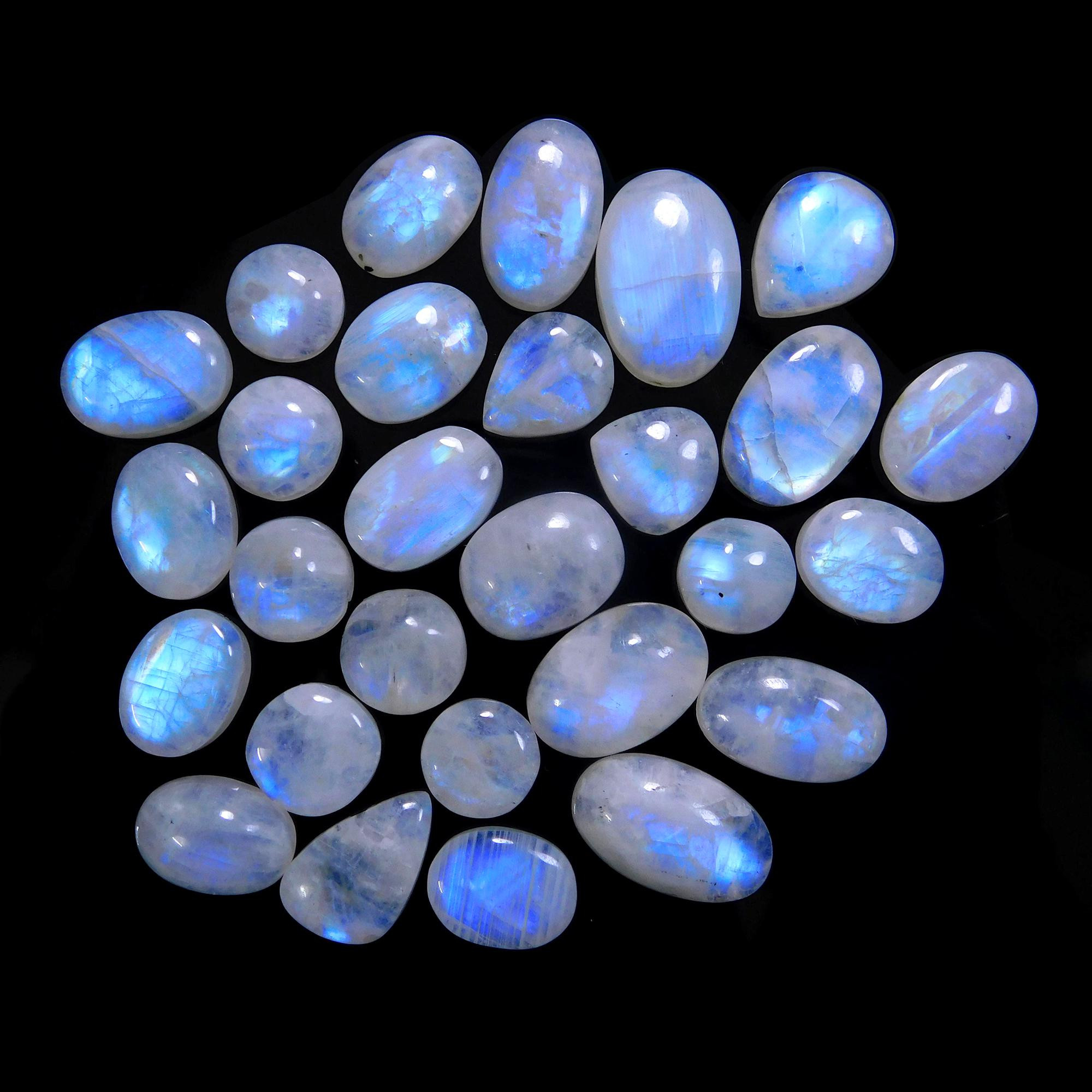 28 Pcs 203 Cts Natural Rainbow Moonstone Gemstone Cabochon Lot 9x9-18x12mm13964