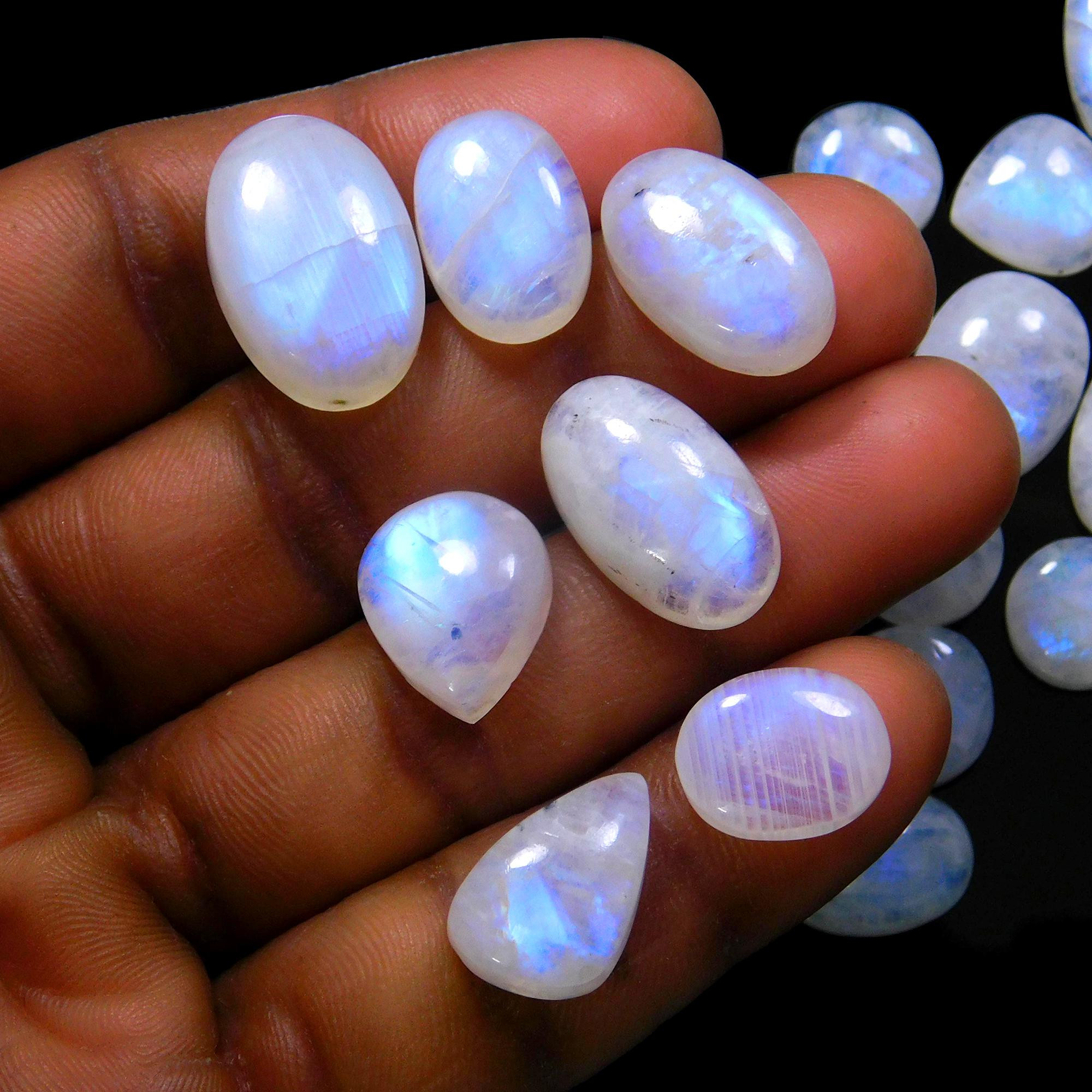 28 Pcs 203 Cts Natural Rainbow Moonstone Gemstone Cabochon Lot 9x9-18x12mm13964