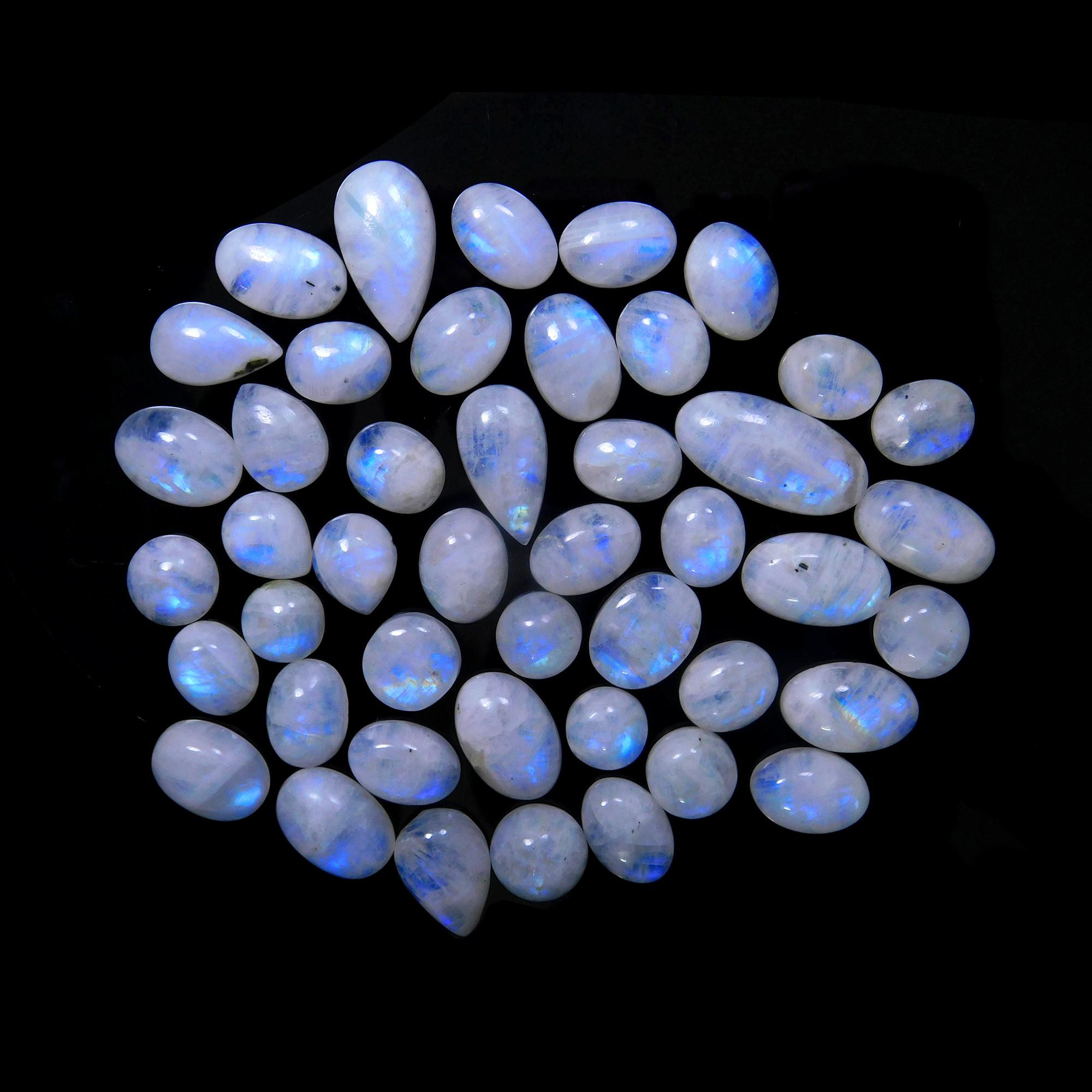 45 Pcs 309 Cts Natural Rainbow Moonstone Gemstone Cabochon Lot 9x9-23x11mm13967