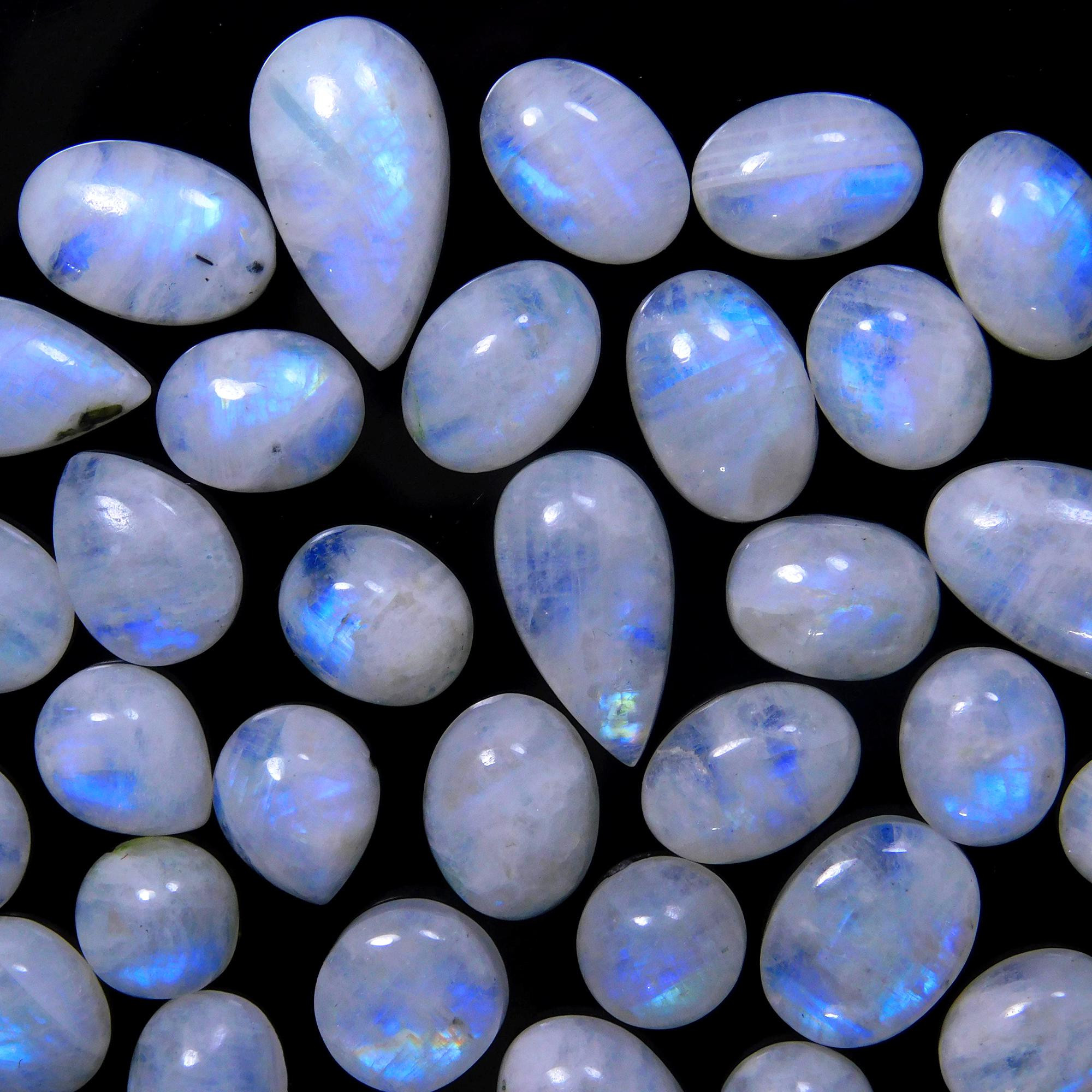 45 Pcs 309 Cts Natural Rainbow Moonstone Gemstone Cabochon Lot 9x9-23x11mm13967