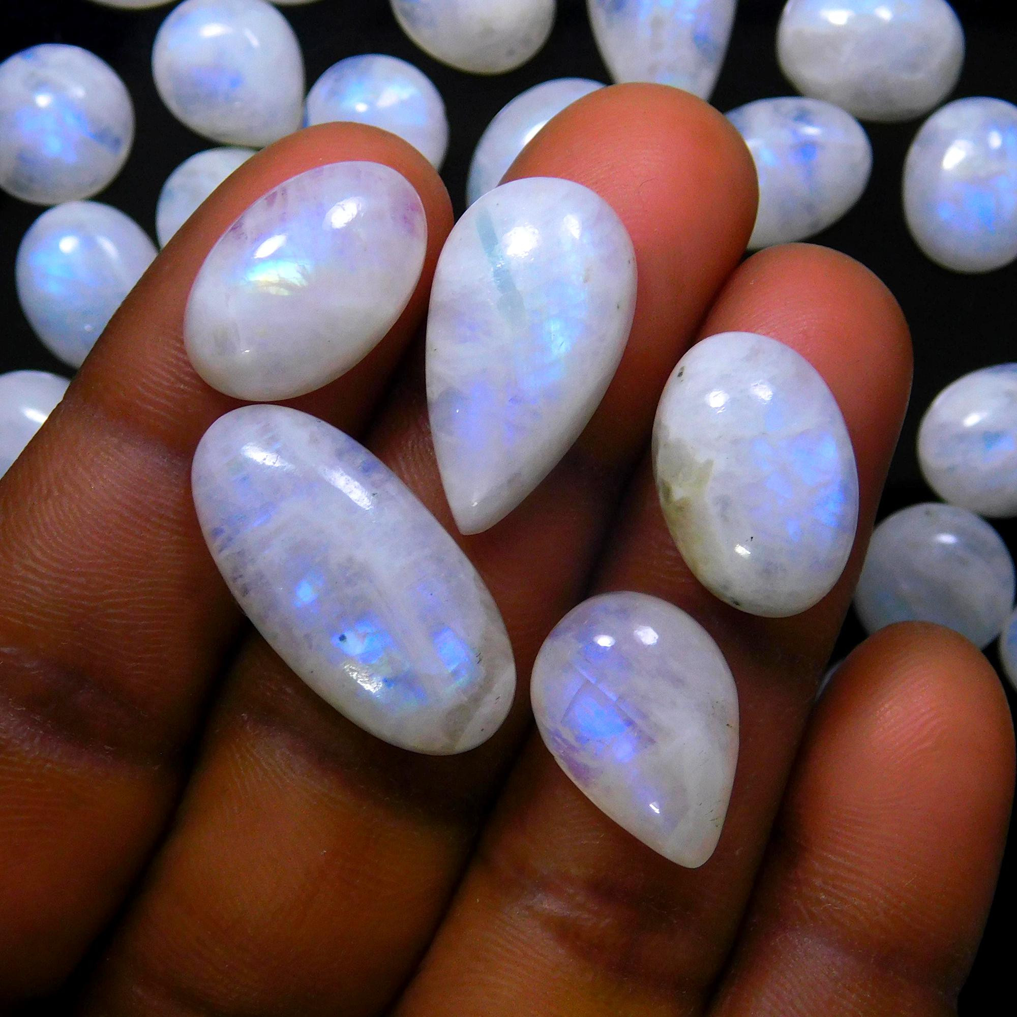 45 Pcs 309 Cts Natural Rainbow Moonstone Gemstone Cabochon Lot 9x9-23x11mm13967