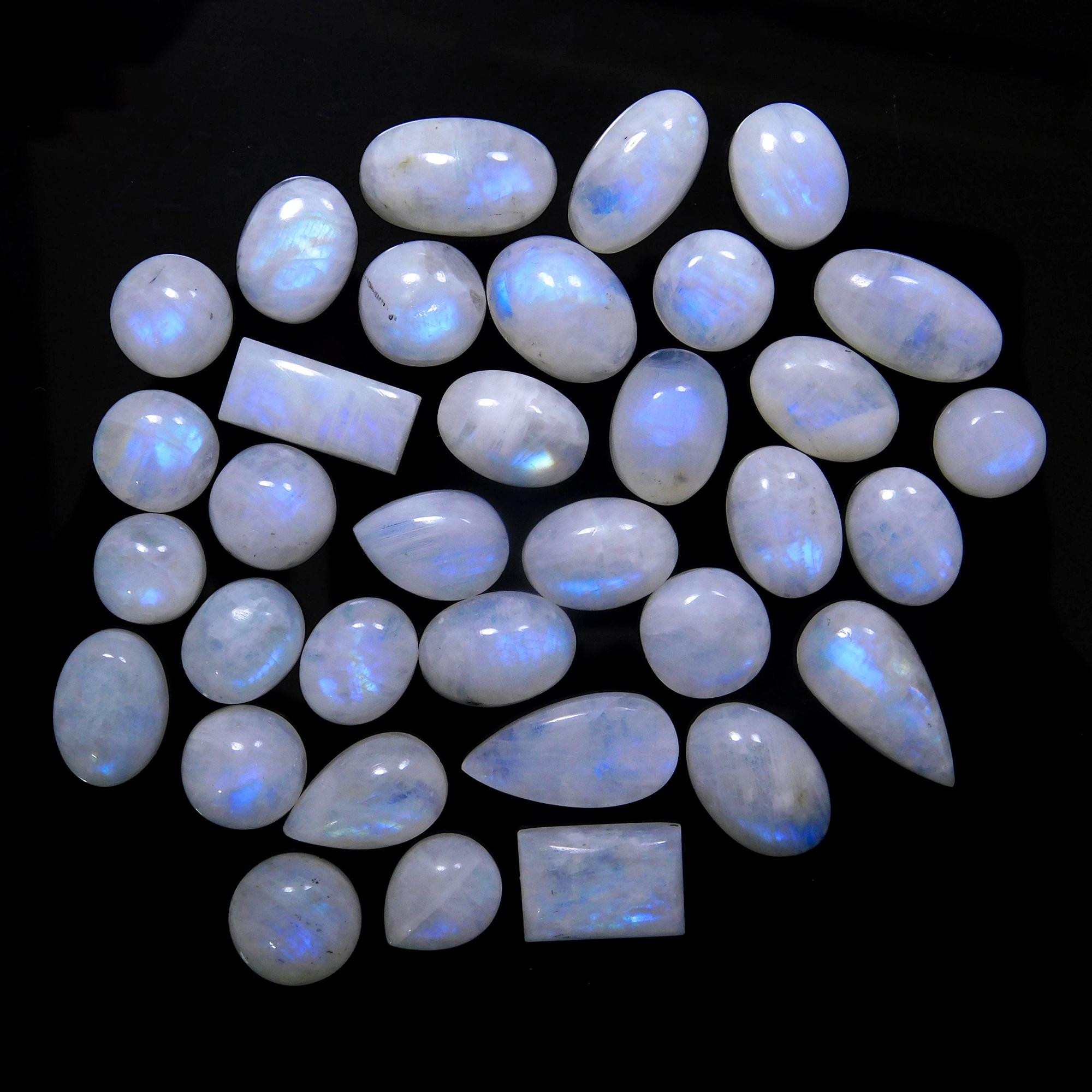 34 Pcs 233 Cts Natural Rainbow Moonstone Gemstone Cabochon Lot 9x9-19x9mmR-13968