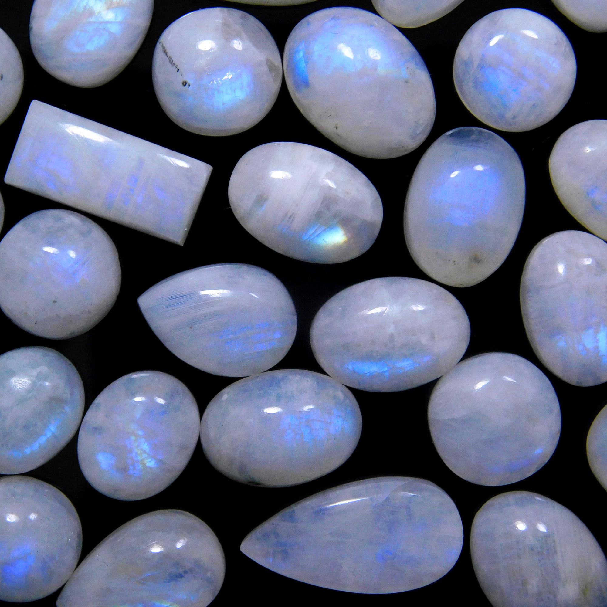 34 Pcs 233 Cts Natural Rainbow Moonstone Gemstone Cabochon Lot 9x9-19x9mmR-13968