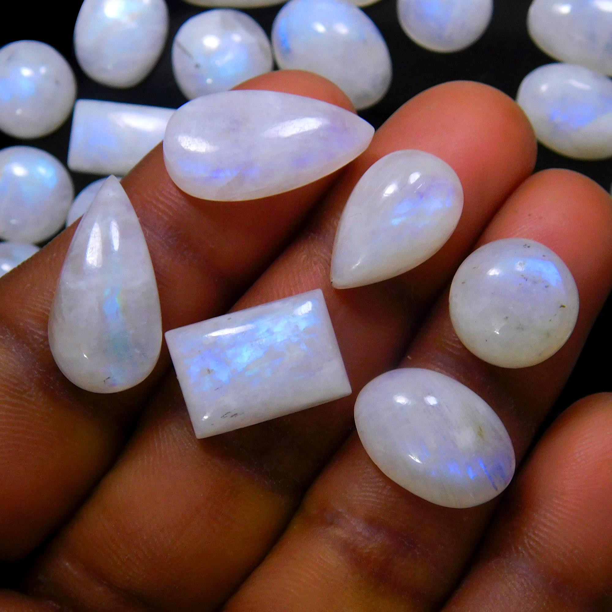 34 Pcs 233 Cts Natural Rainbow Moonstone Gemstone Cabochon Lot 9x9-19x9mm13968