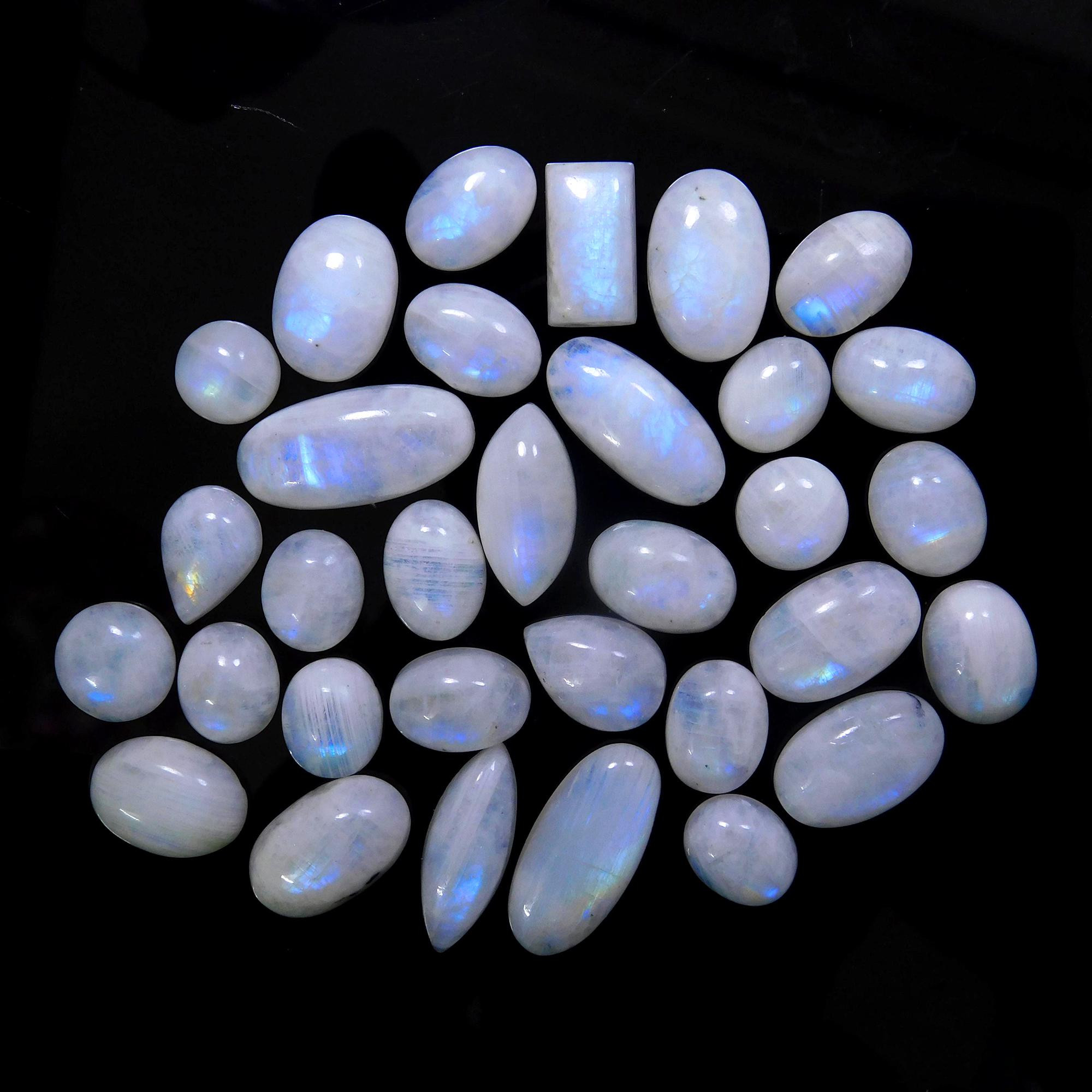 33 Pcs 241 Cts Natural Rainbow Moonstone Gemstone Cabochon Lot 9x9-22x10mm13969