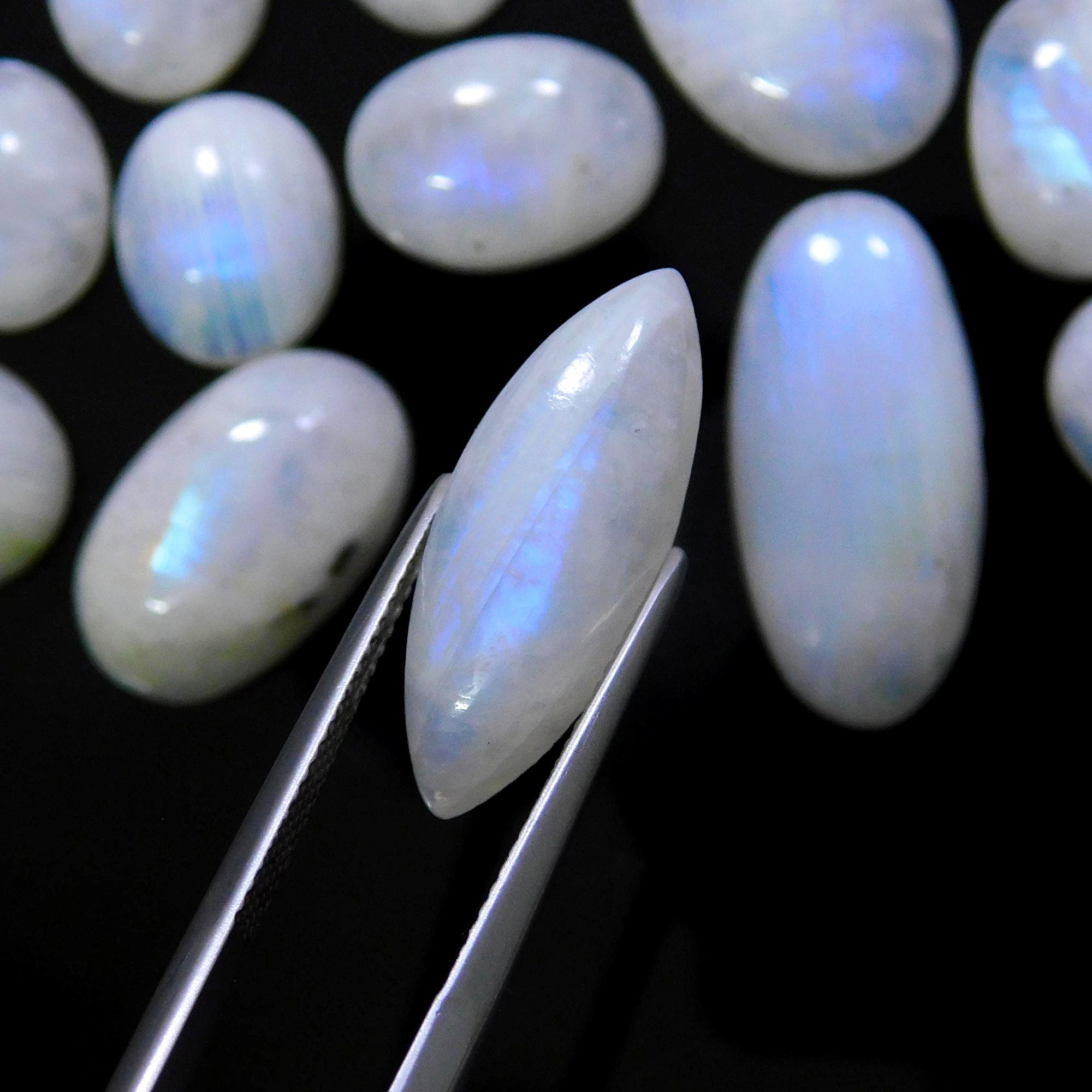 33 Pcs 241 Cts Natural Rainbow Moonstone Gemstone Cabochon Lot 9x9-22x10mm13969