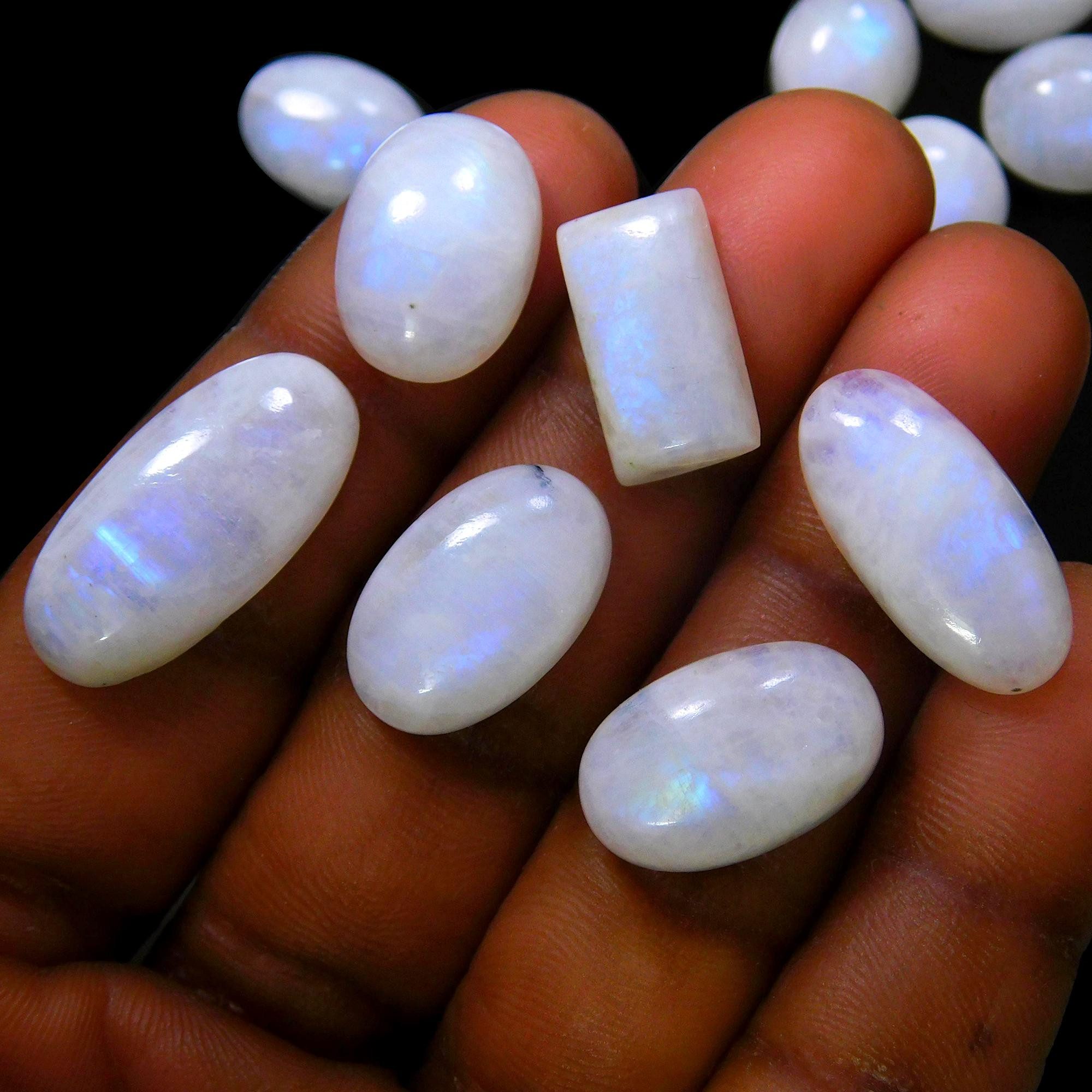 33 Pcs 241 Cts Natural Rainbow Moonstone Gemstone Cabochon Lot 9x9-22x10mm13969