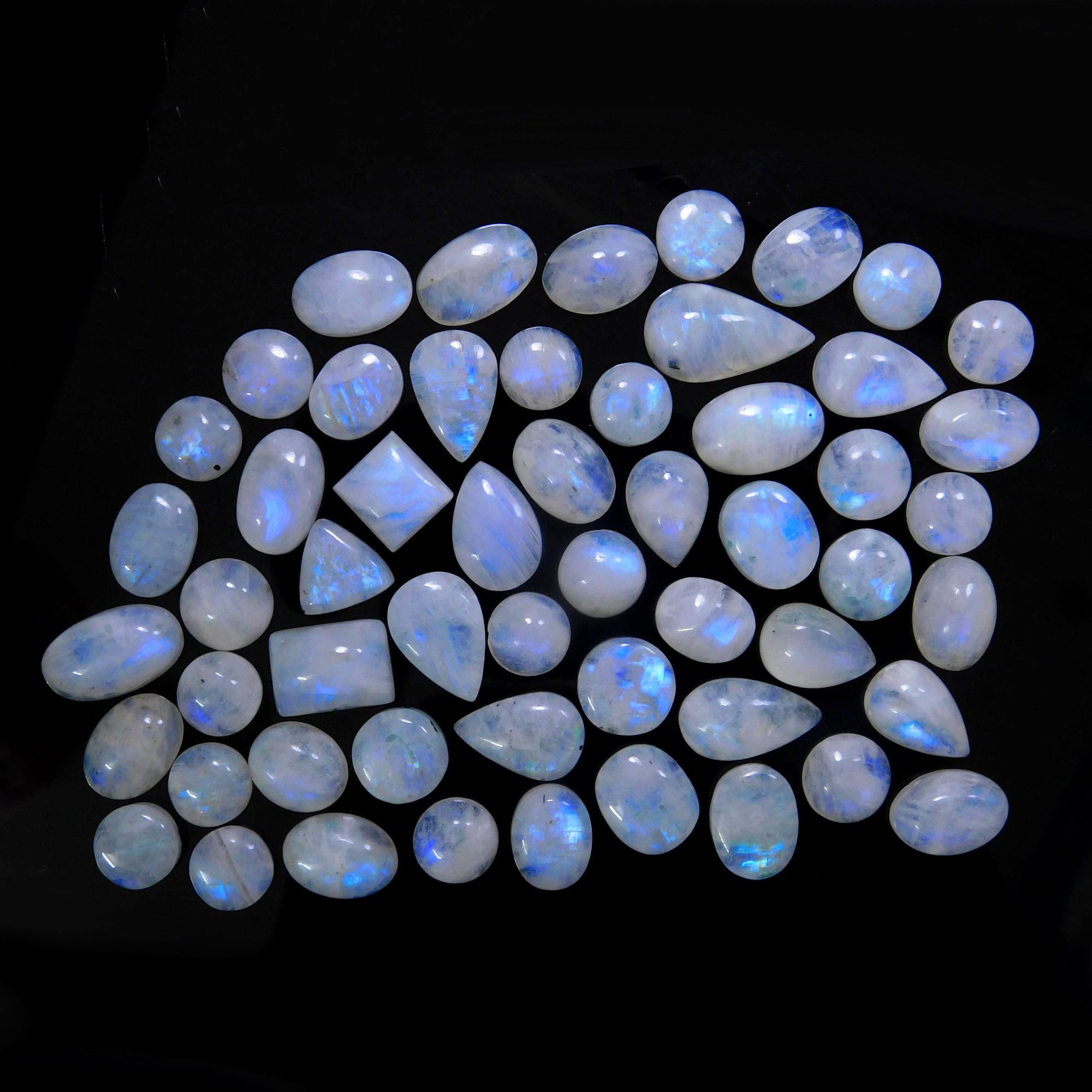 55 Pcs 316 Cts Natural Rainbow Moonstone Gemstone Cabochon Lot 9x9-20x11mm13970