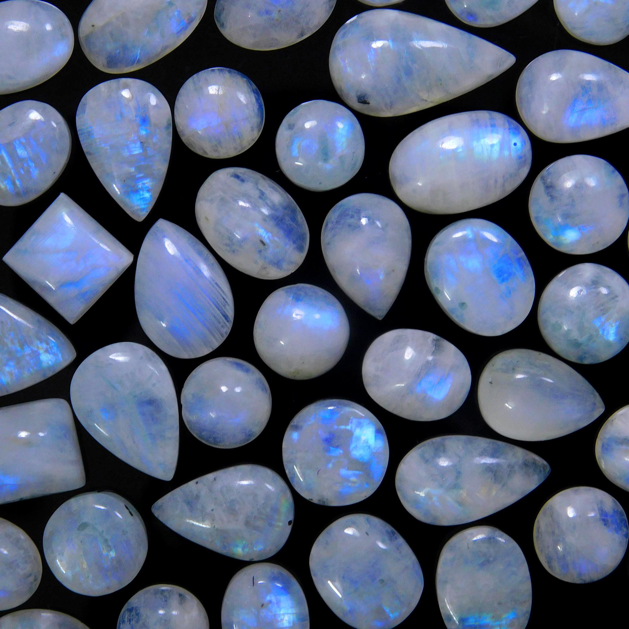 55 Pcs 316 Cts Natural Rainbow Moonstone Gemstone Cabochon Lot 9x9-20x11mm13970