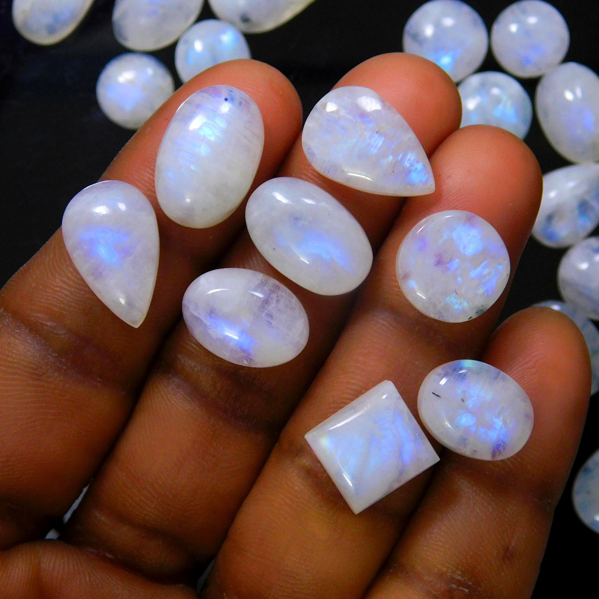 55 Pcs 316 Cts Natural Rainbow Moonstone Gemstone Cabochon Lot 9x9-20x11mmR-13970
