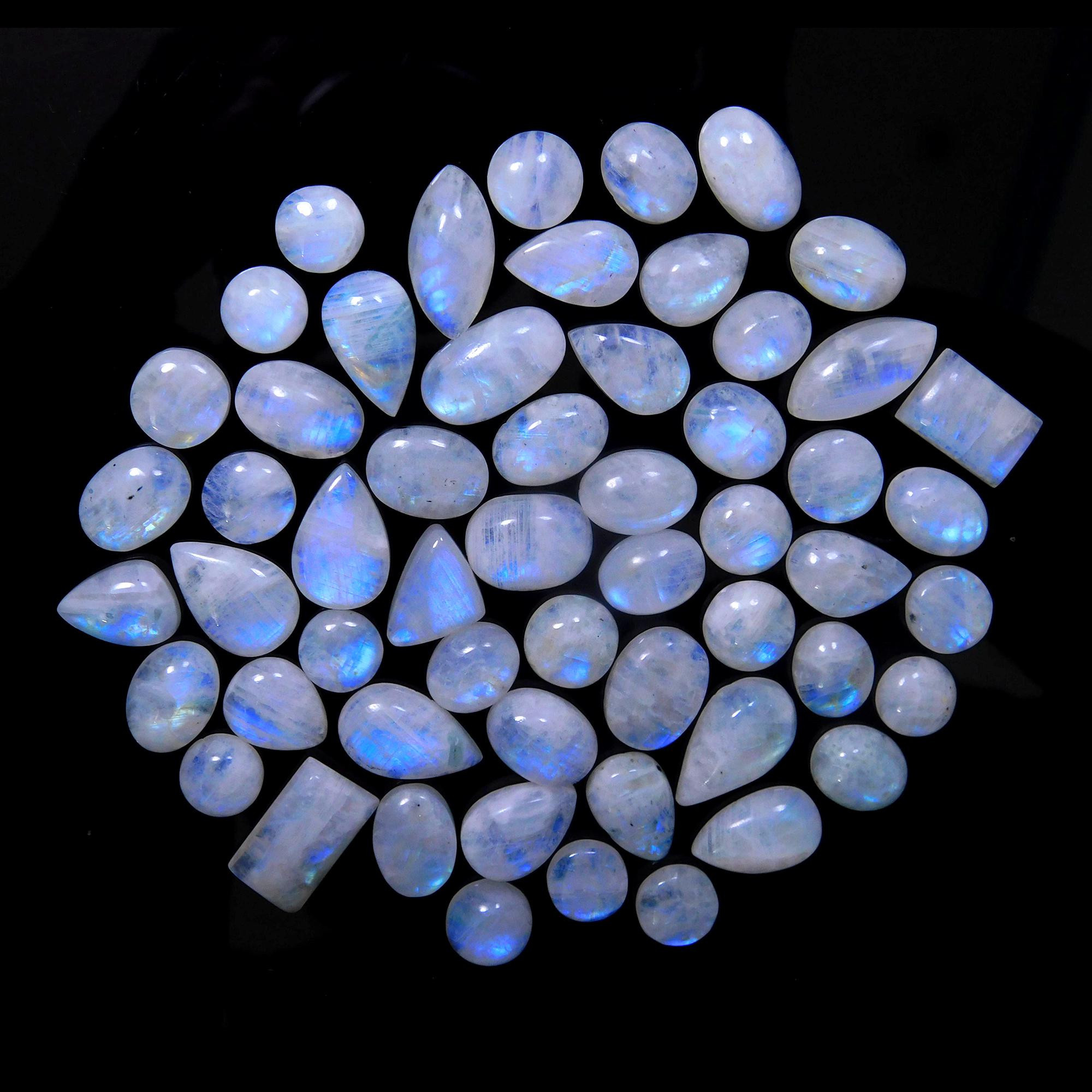 56 Pcs 359 Cts Natural Rainbow Moonstone Gemstone Cabochon Lot 9x9-19x11mmR-13971