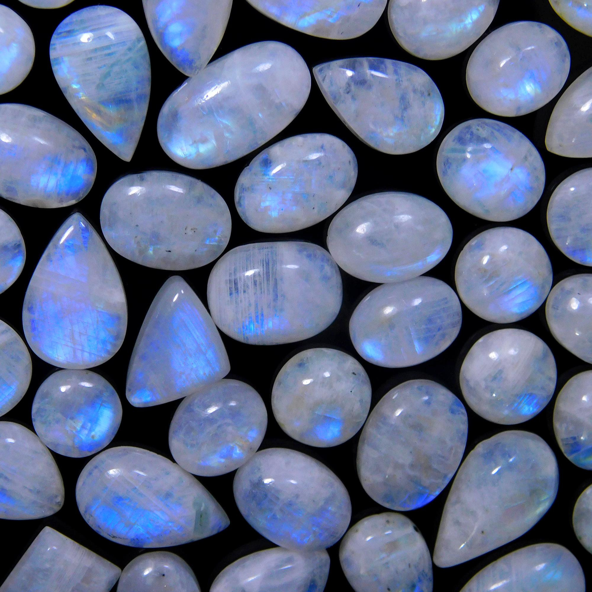 56 Pcs 359 Cts Natural Rainbow Moonstone Gemstone Cabochon Lot 9x9-19x11mm13971