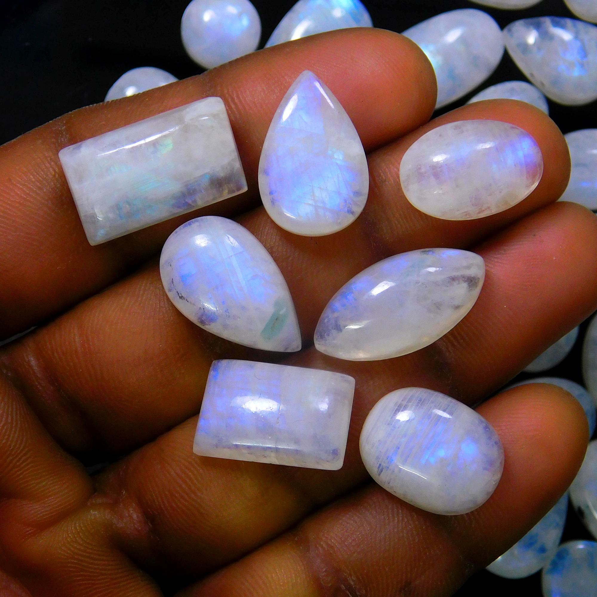 56 Pcs 359 Cts Natural Rainbow Moonstone Gemstone Cabochon Lot 9x9-19x11mmR-13971