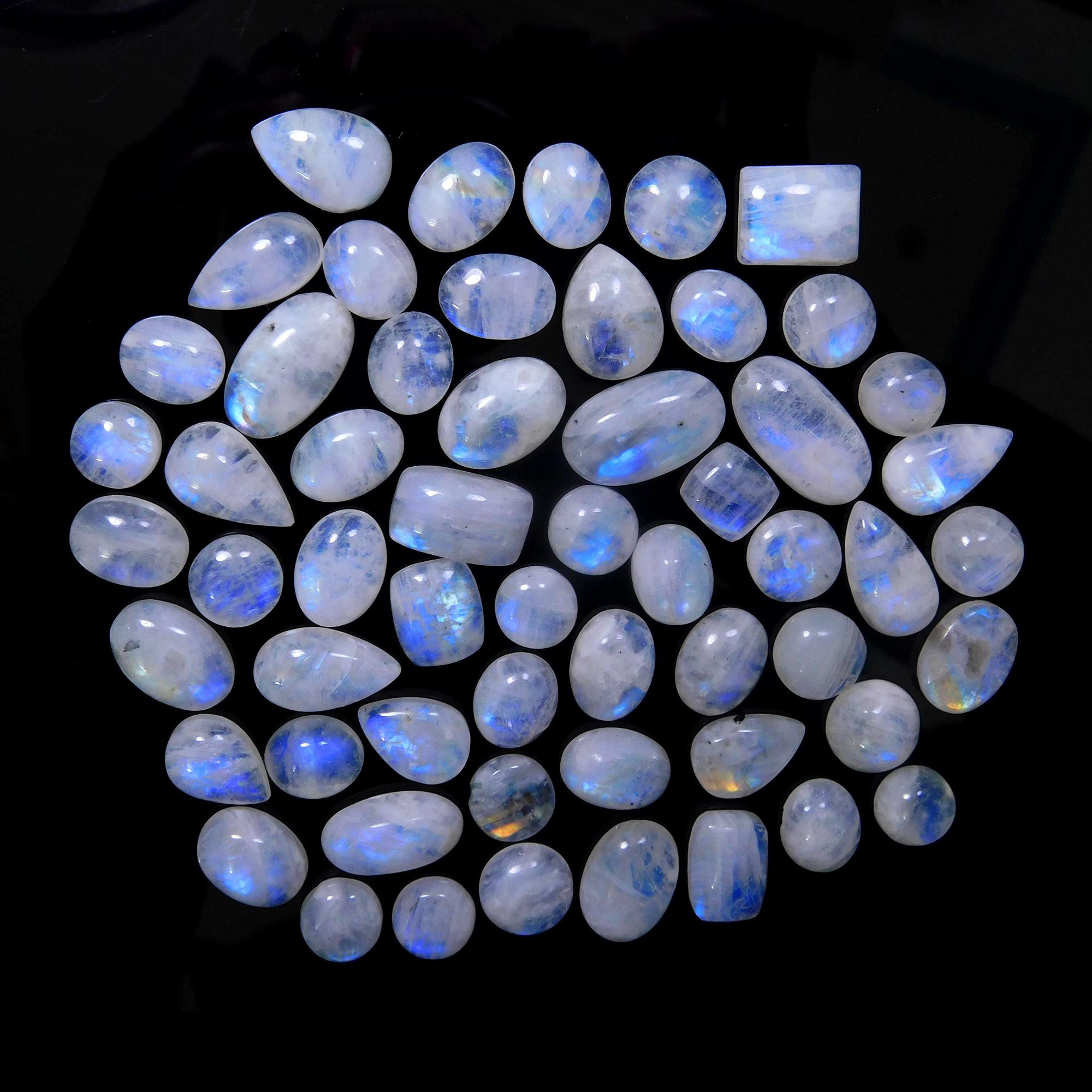 57 Pcs 349 Cts Natural Rainbow Moonstone Gemstone Cabochon Lot 9x9-20x10mm13972