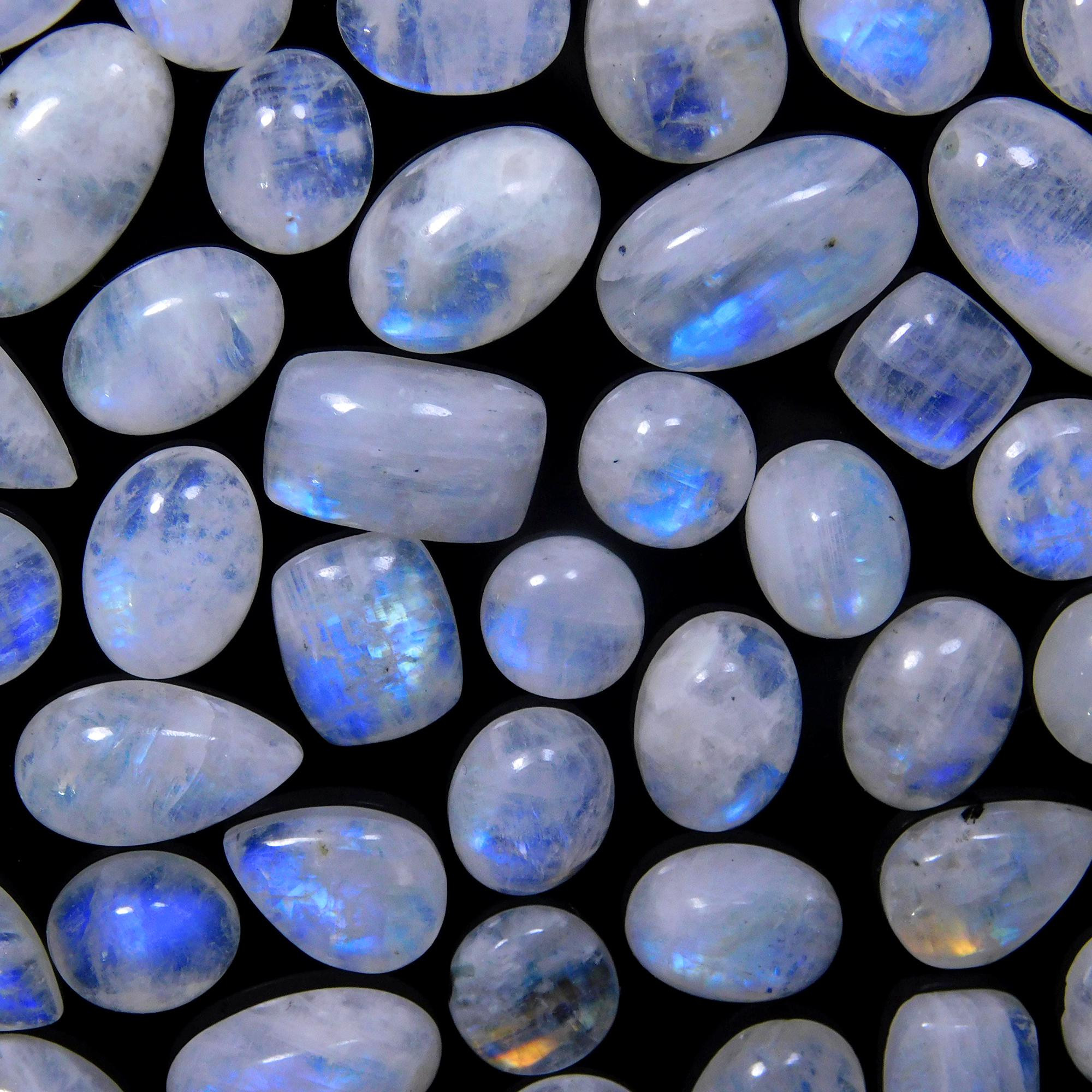 57 Pcs 349 Cts Natural Rainbow Moonstone Gemstone Cabochon Lot 9x9-20x10mmR-13972