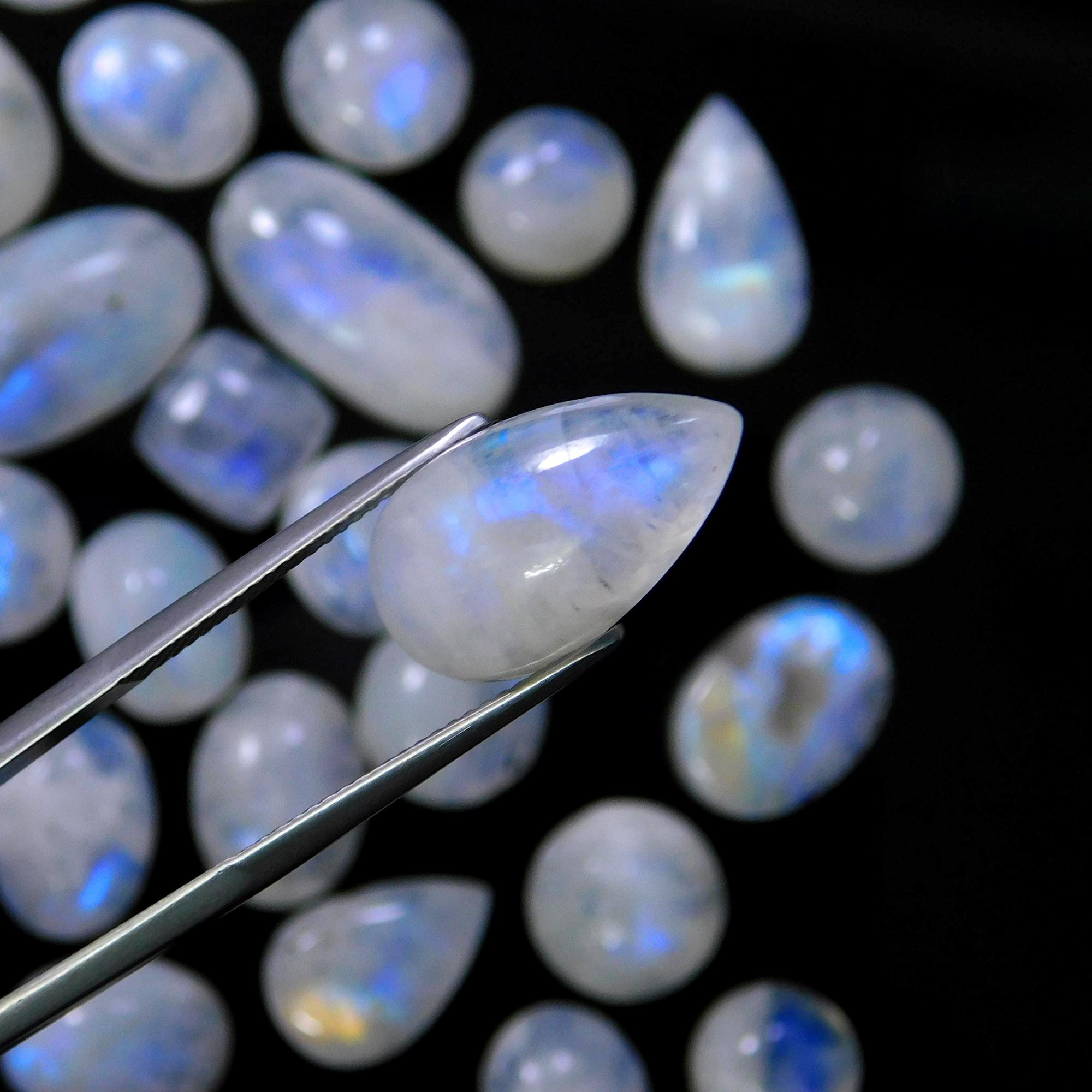 57 Pcs 349 Cts Natural Rainbow Moonstone Gemstone Cabochon Lot 9x9-20x10mmR-13972