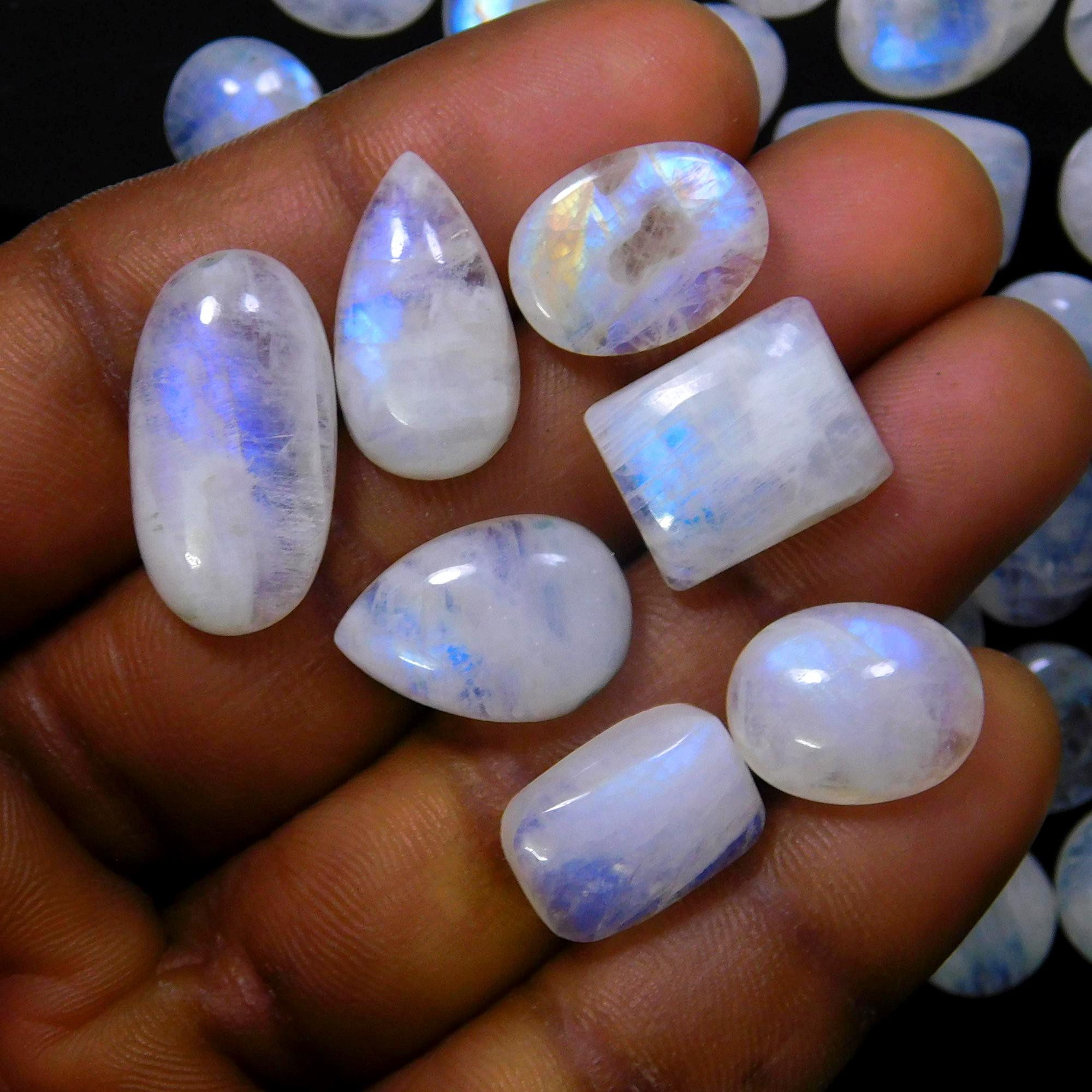 57 Pcs 349 Cts Natural Rainbow Moonstone Gemstone Cabochon Lot 9x9-20x10mmR-13972