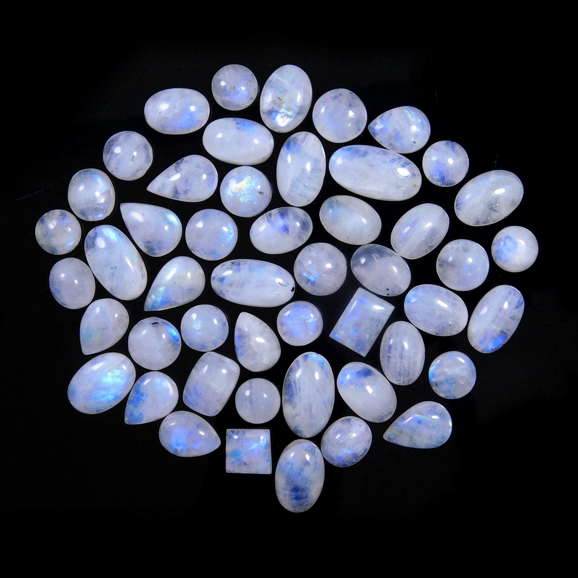 49 Pcs 296 Cts Natural Rainbow Moonstone Gemstone Cabochon Lot 9x9-20x10mm13973