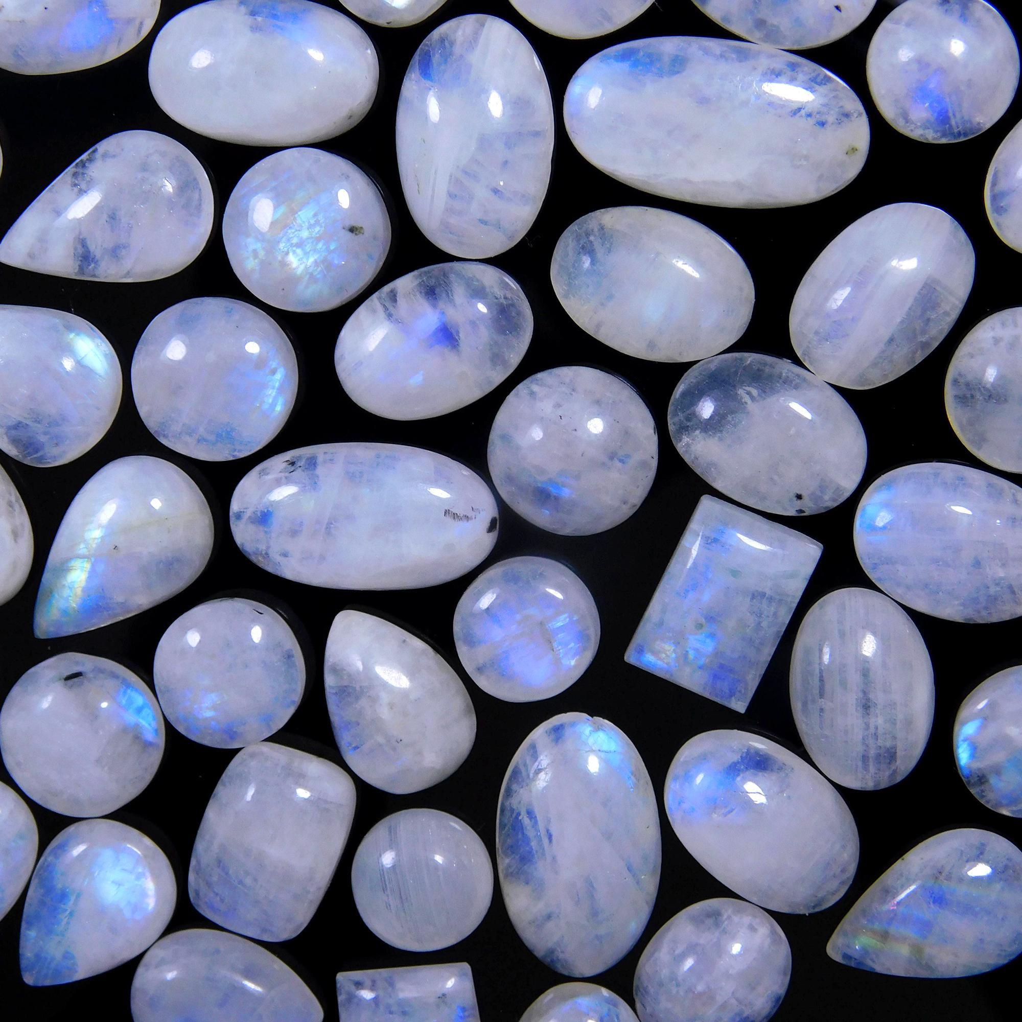 49 Pcs 296 Cts Natural Rainbow Moonstone Gemstone Cabochon Lot 9x9-20x10mm13973