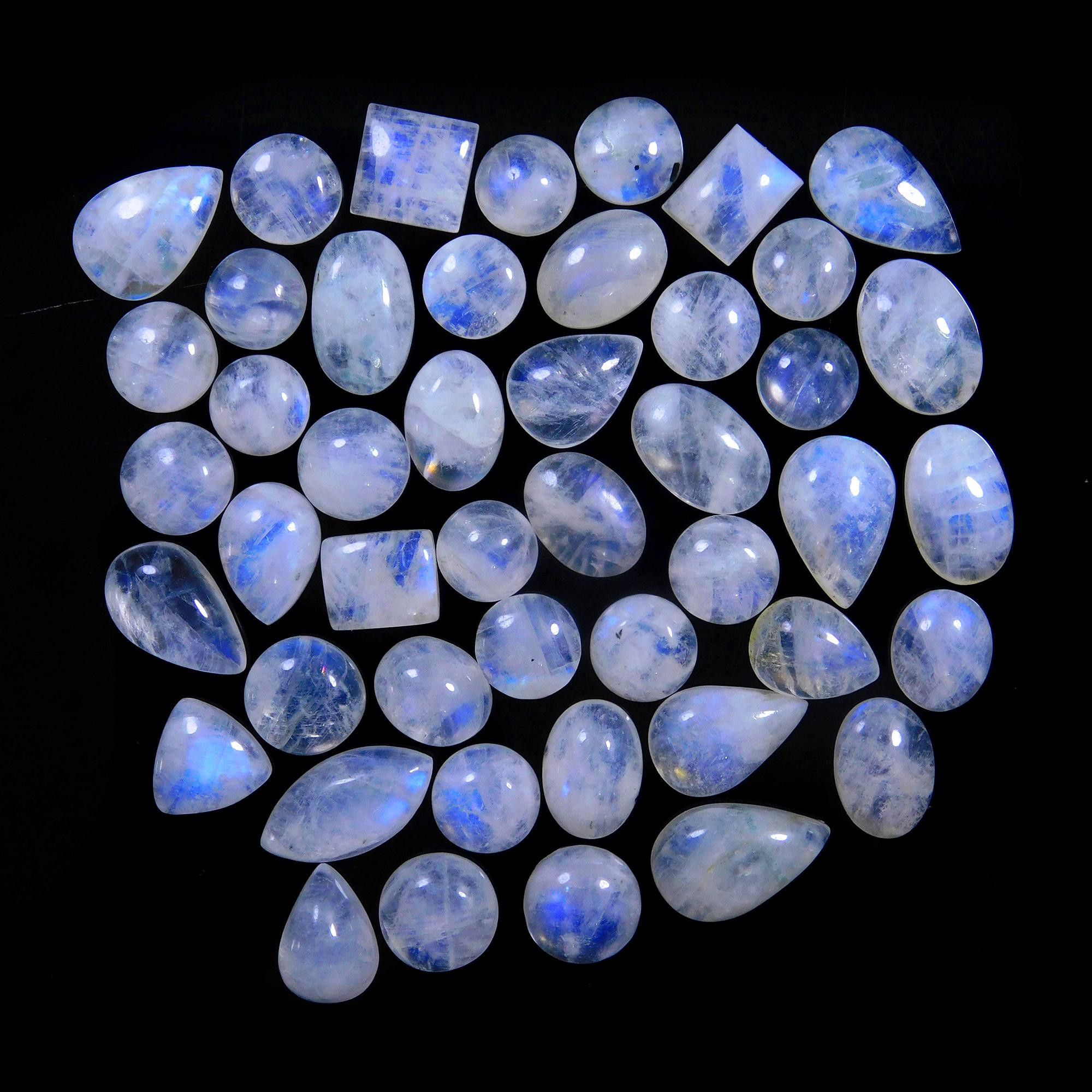 46 Pcs 255 Cts Natural Rainbow Moonstone Gemstone Cabochon Lot 9x9-17x11mm13974