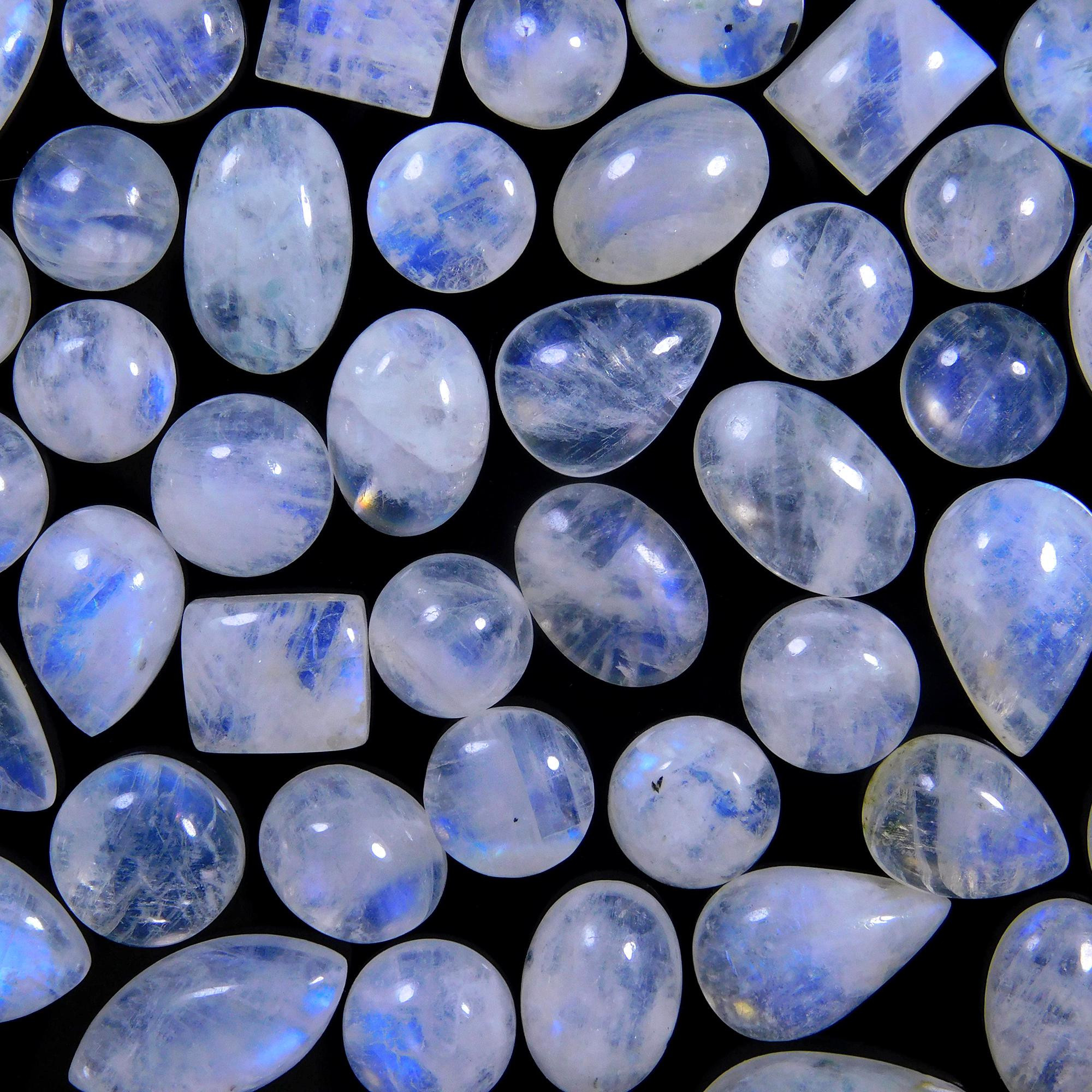 46 Pcs 255 Cts Natural Rainbow Moonstone Gemstone Cabochon Lot 9x9-17x11mm13974