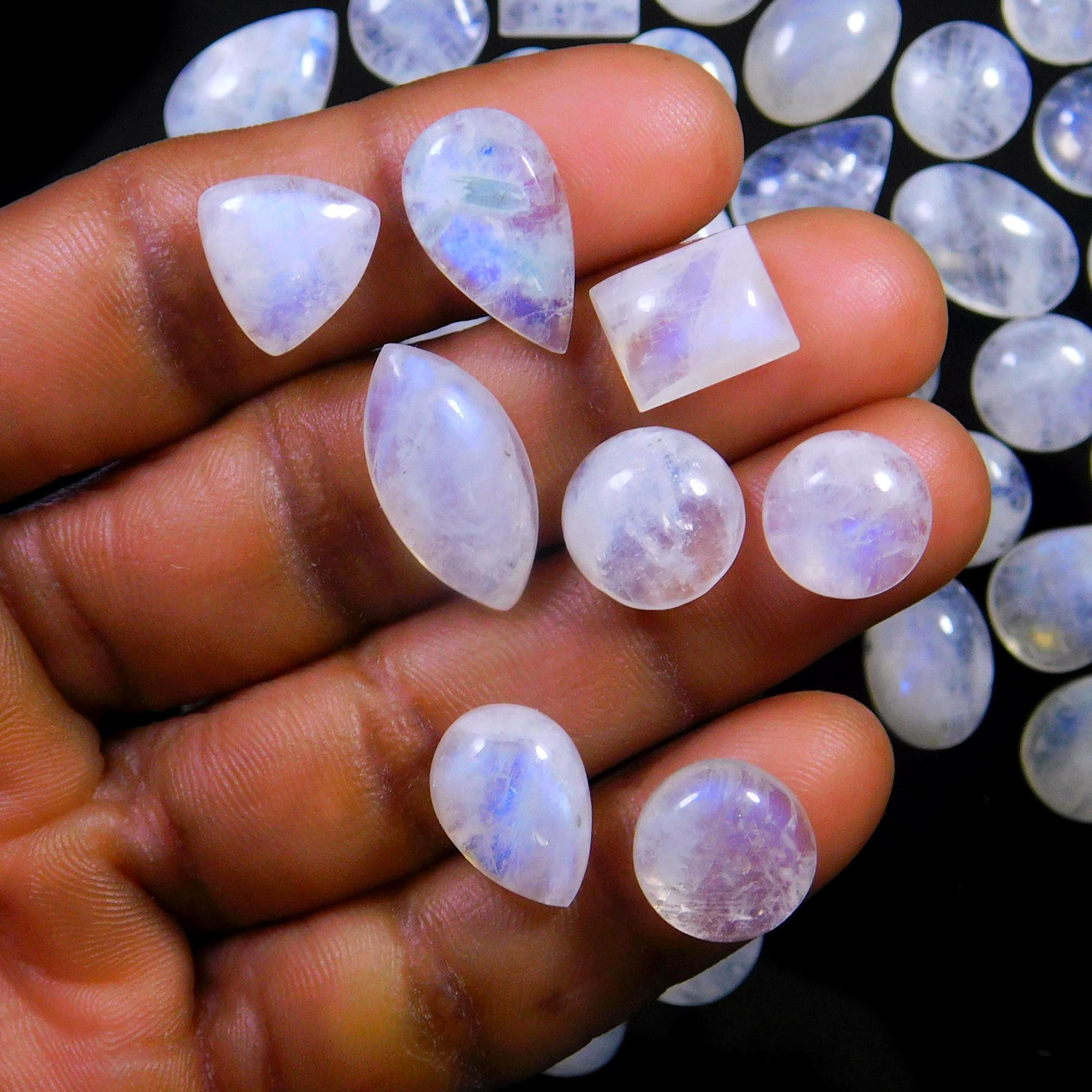 46 Pcs 255 Cts Natural Rainbow Moonstone Gemstone Cabochon Lot 9x9-17x11mm13974