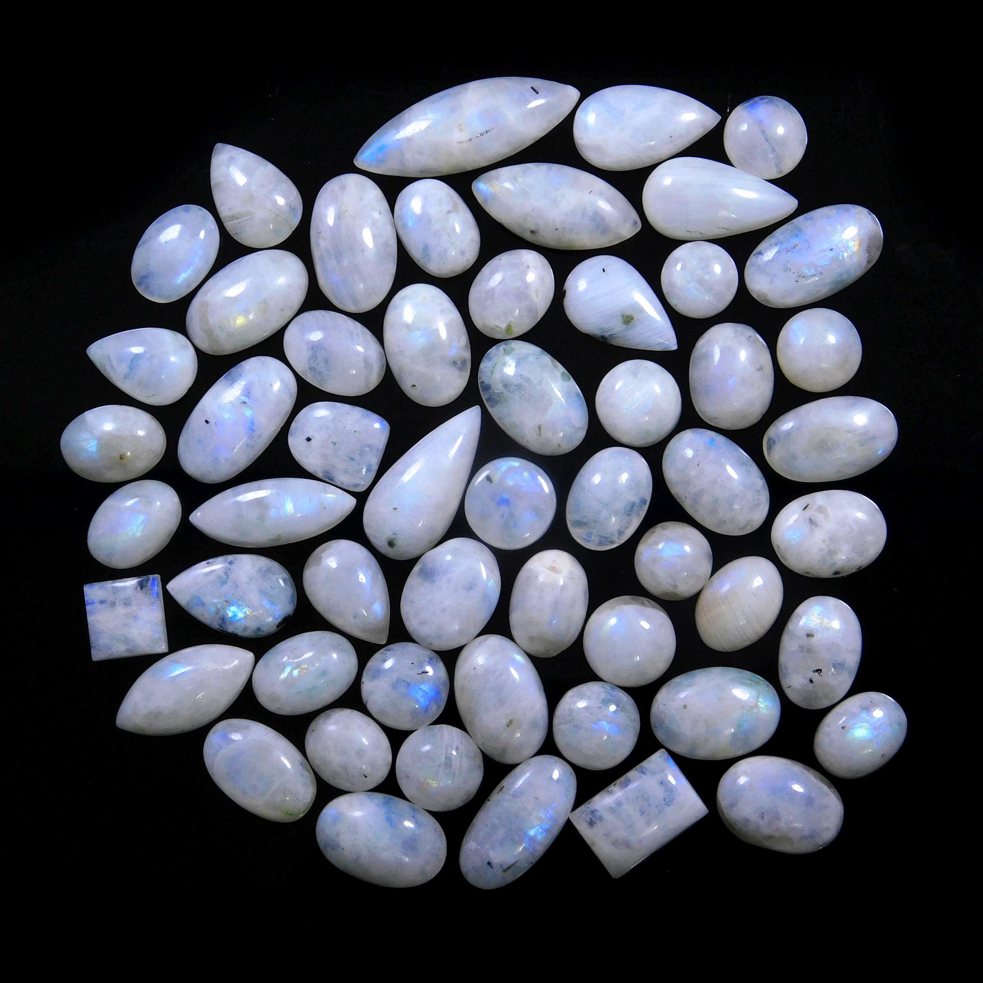 55 Pcs 400 Cts Natural Rainbow Moonstone Gemstone Cabochon Lot 9x9-31x10mmR-13976