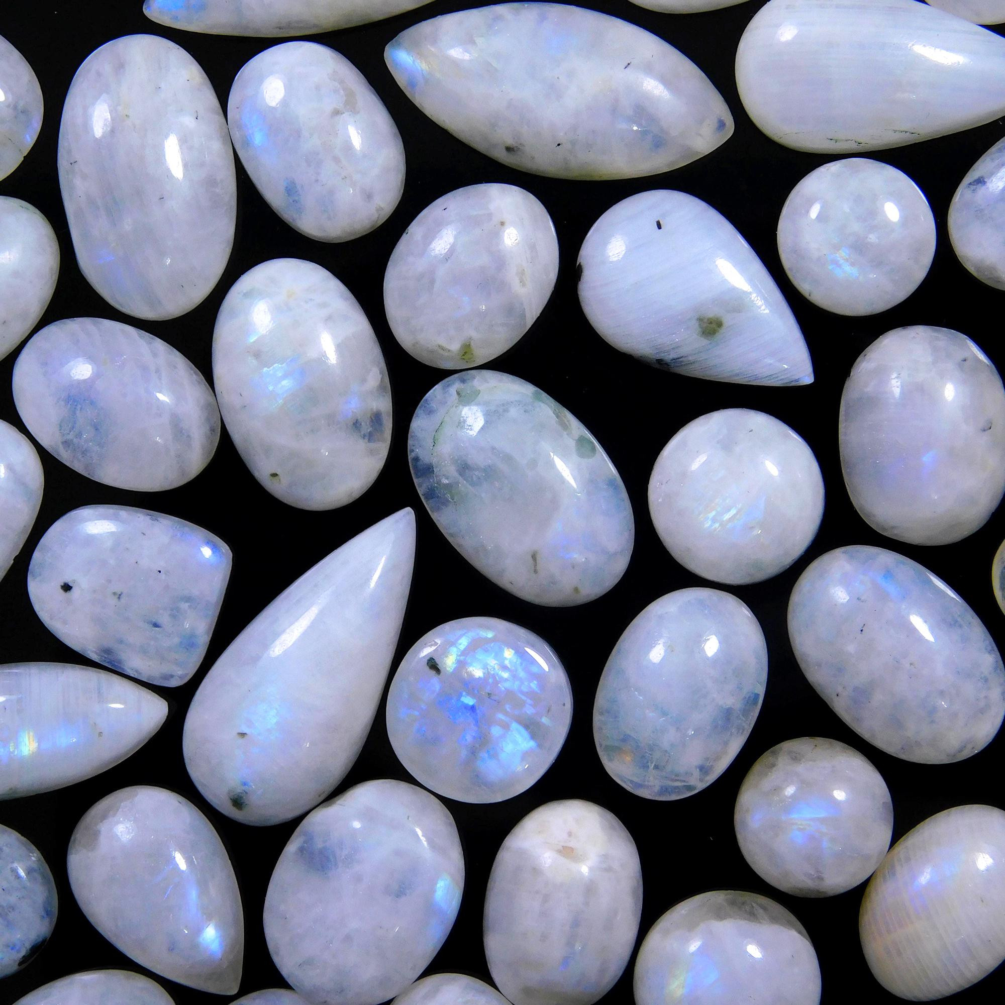 55 Pcs 400 Cts Natural Rainbow Moonstone Gemstone Cabochon Lot 9x9-31x10mmR-13976