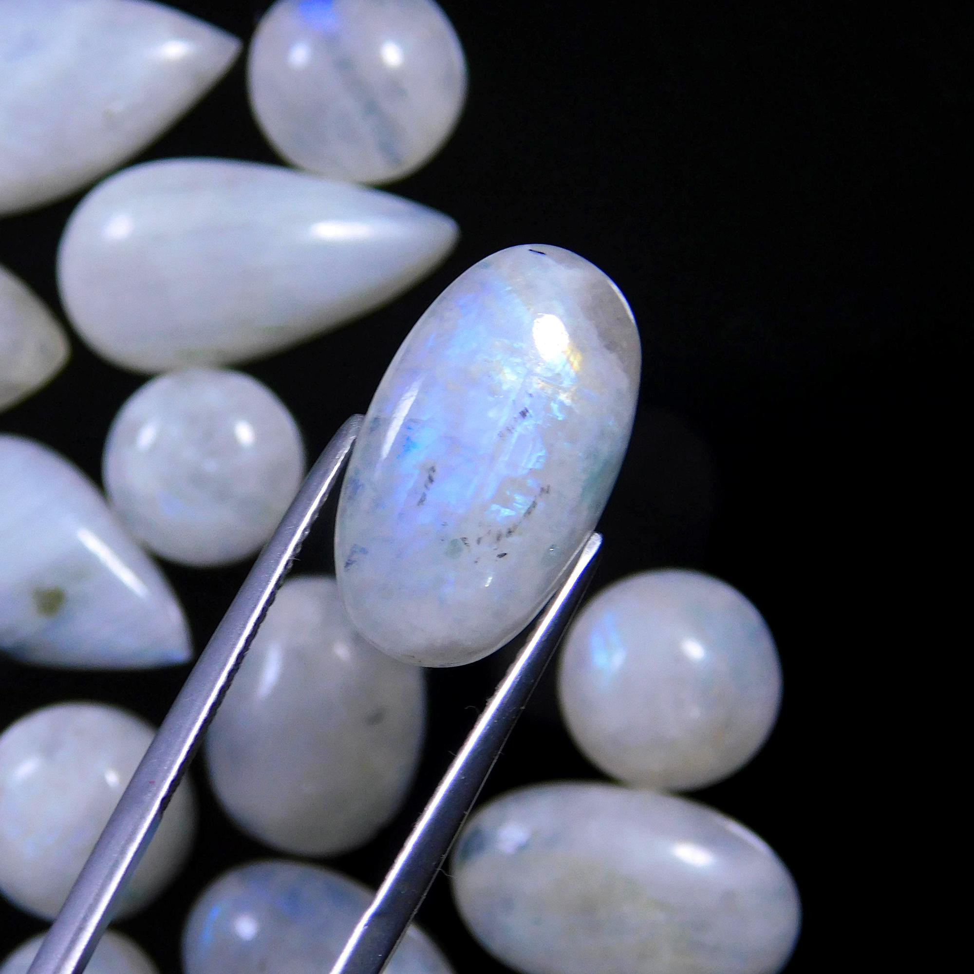 55 Pcs 400 Cts Natural Rainbow Moonstone Gemstone Cabochon Lot 9x9-31x10mm13976