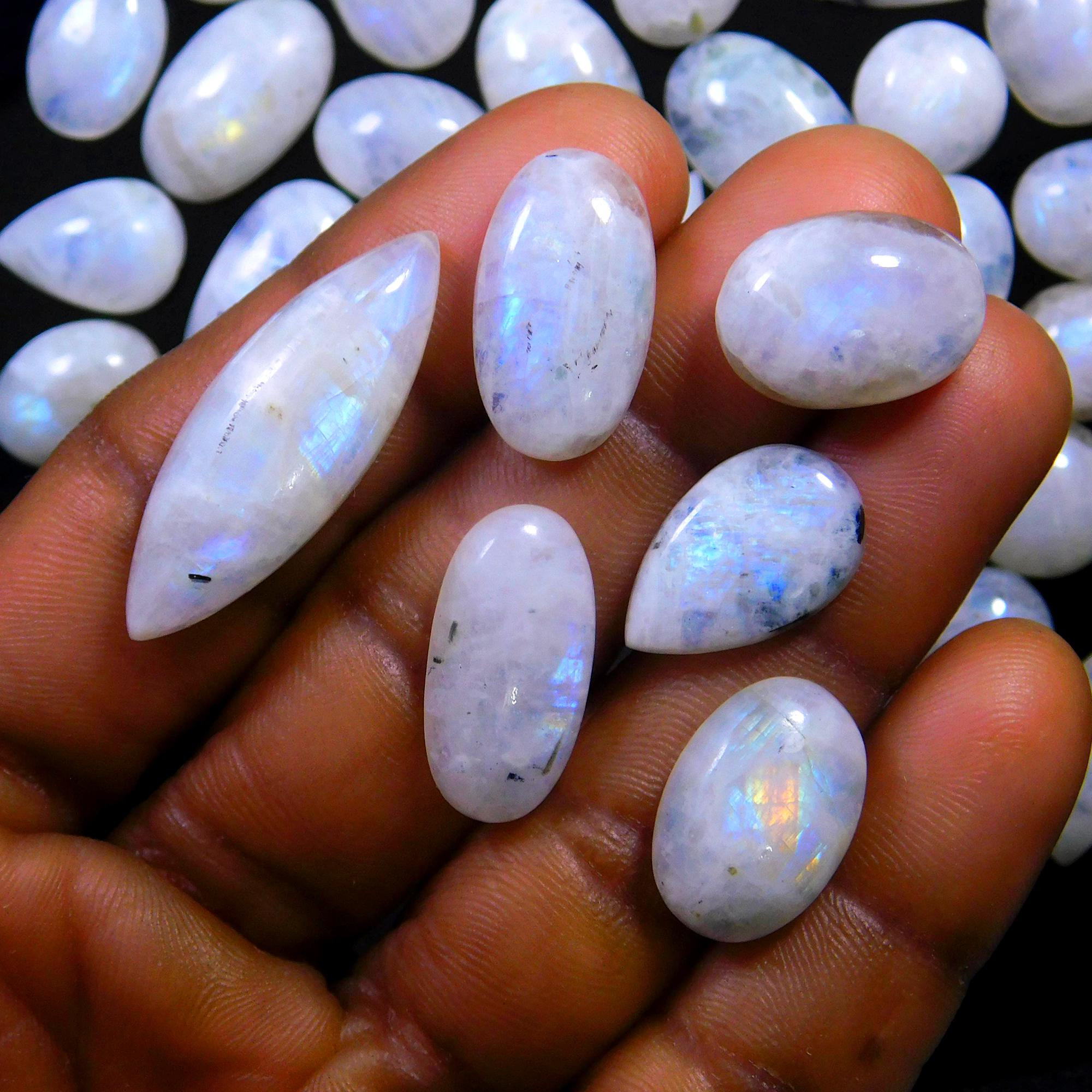 55 Pcs 400 Cts Natural Rainbow Moonstone Gemstone Cabochon Lot 9x9-31x10mmR-13976