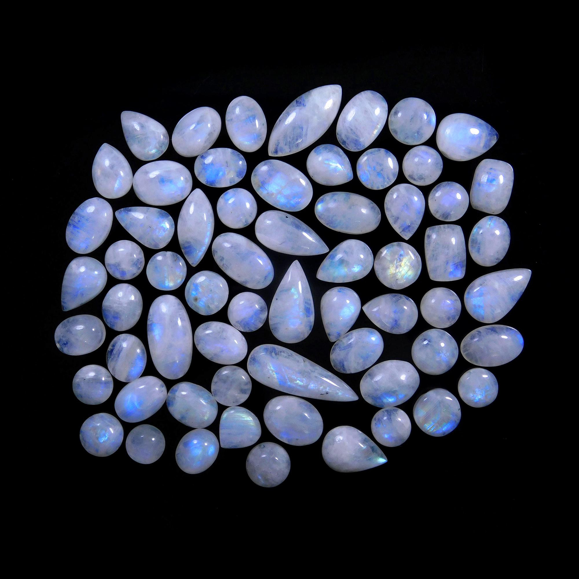 62 Pcs 377 Cts Natural Rainbow Moonstone Gemstone Cabochon Lot 9x9-29x10mm13977