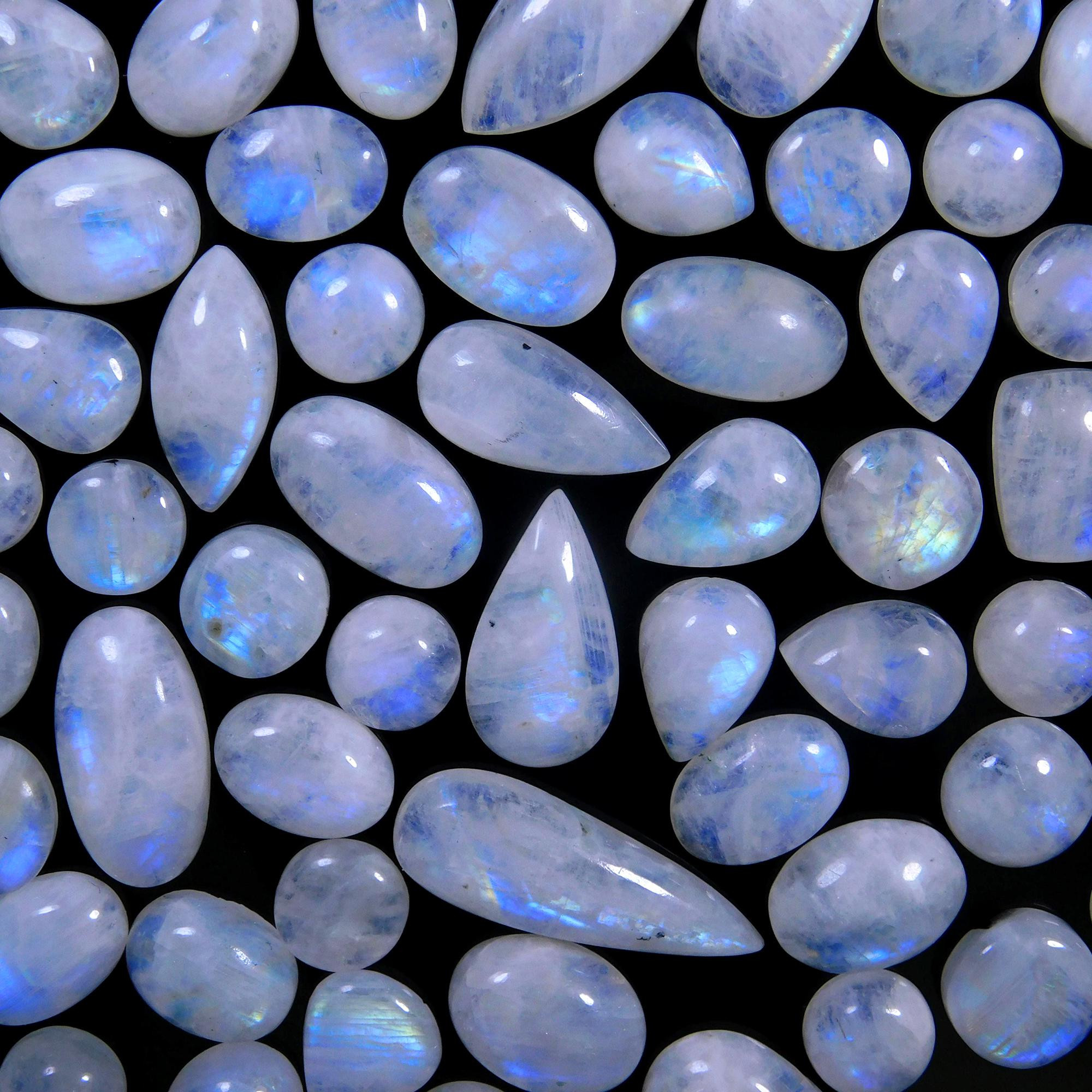 62 Pcs 377 Cts Natural Rainbow Moonstone Gemstone Cabochon Lot 9x9-29x10mm13977
