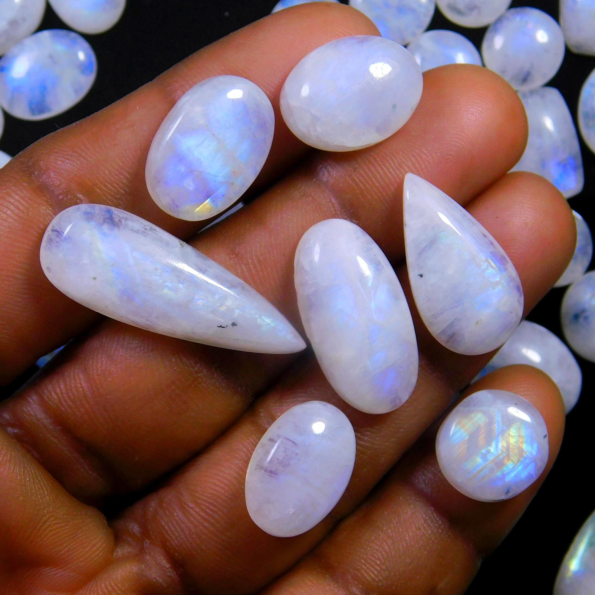 62 Pcs 377 Cts Natural Rainbow Moonstone Gemstone Cabochon Lot 9x9-29x10mm13977